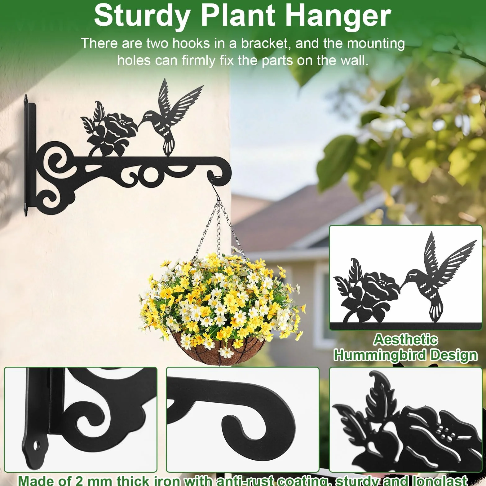 2 Piezas Ganchos de Pared para Macetas Colgantes, 25 cm Soporte para Plantas, Gancho para Macetas con Tornillos, Soporte para Macetas Colgantes Exterior para Colgar Plantas Linterna Cesta