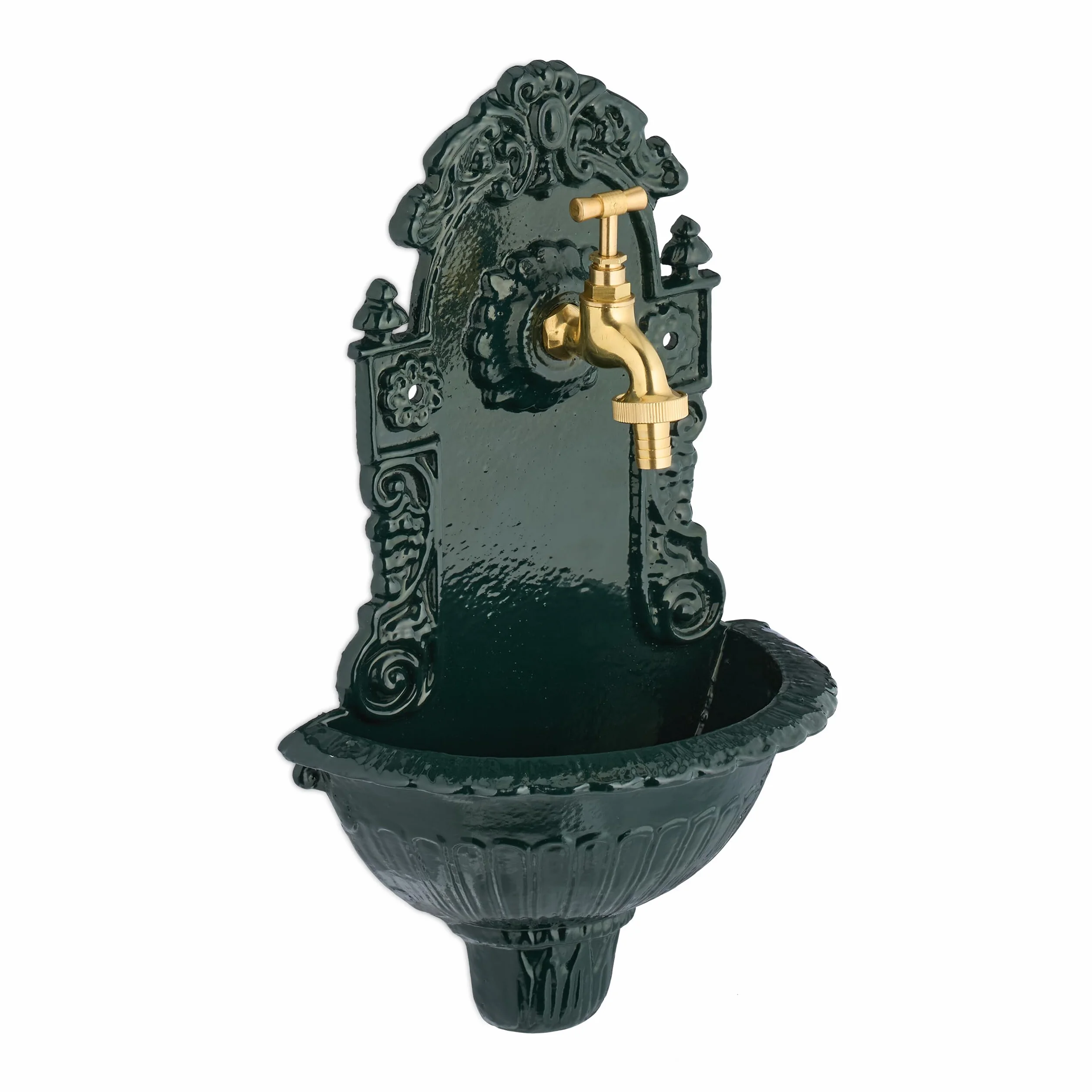 Relaxdays Fuente de Agua de Pared Aluminio Fundido 40x24,5x15 cm Verde/Dorado con Grifo Antigua