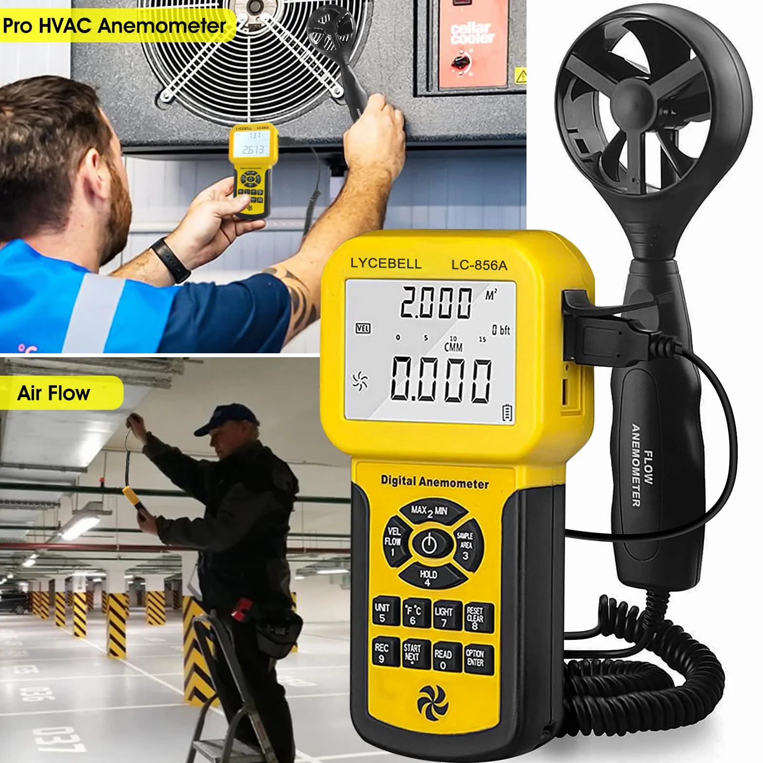 Anemómetro Digital de Mano, LC-856A CFM Medidor de Velocidad del Viento, Temperatura y Flujo de Viento, con registro de Datos 600 y Puerto USB, para HVAC Navegar Cometa Surf Pescar