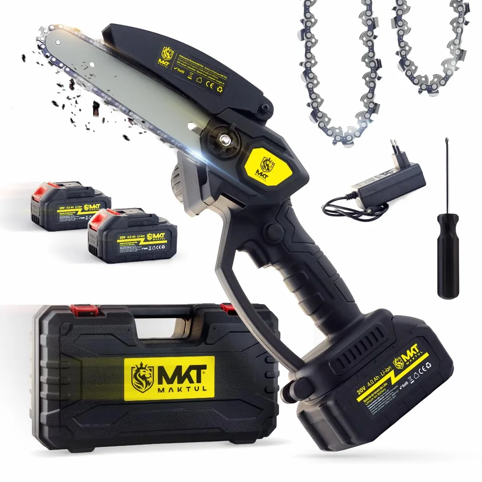 MAKTUL Mini Motosierra Bateria 6‘’/15cm, 8000 mAh (2 Baterías 4000mAh 20V), Sierra Eléctrica Cortar Podar Árboles Jardín, Motosierra de Mano con Accesorios Herramienta Jardinería Podadora Ramas Madera