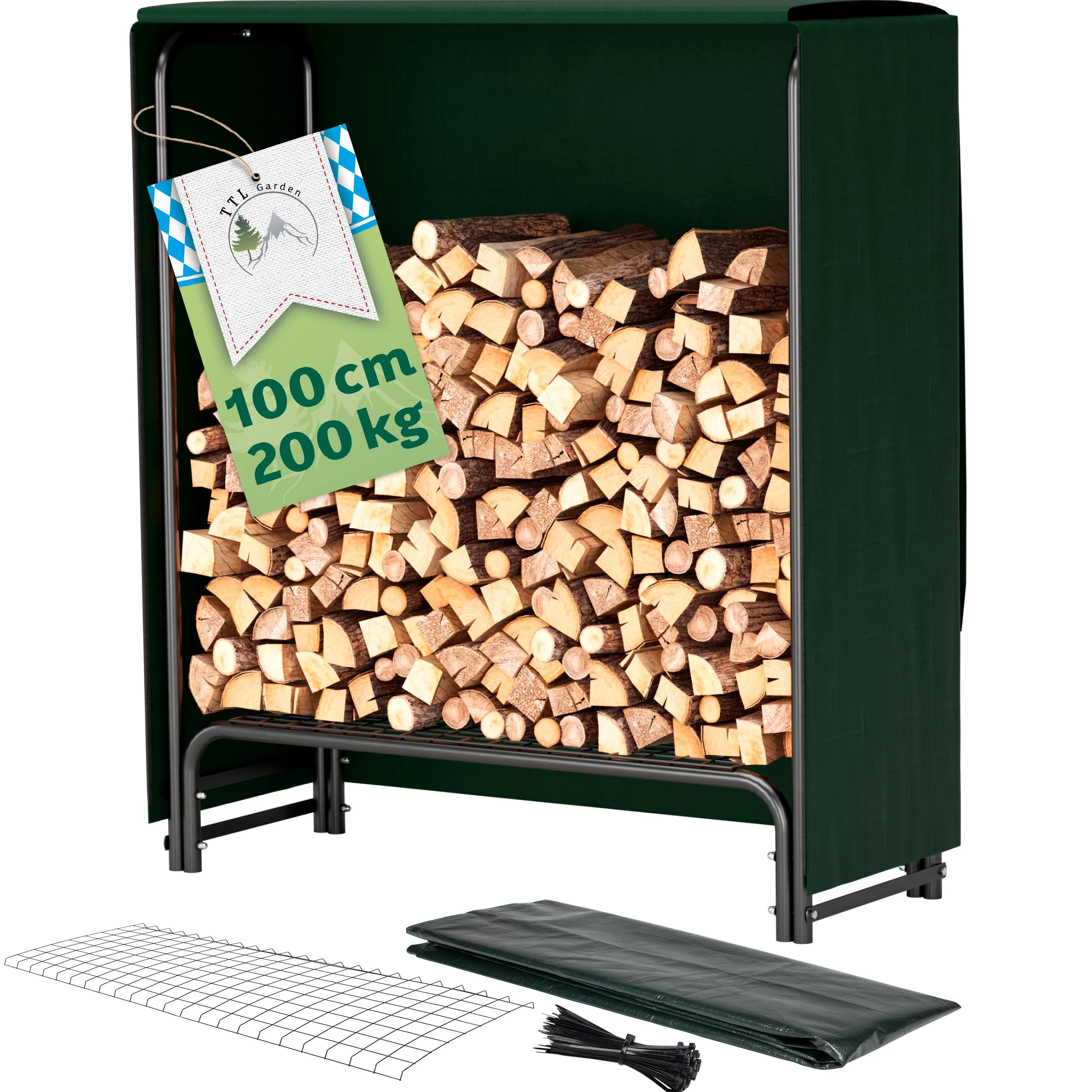 TTL Commerce Garden Estantería para leña S 100 x 36 x 116 cm negro con cubierta, para interior y exterior, hasta 200 kg, lona de protección resistente a la intemperie, marco tubular de metal de acero