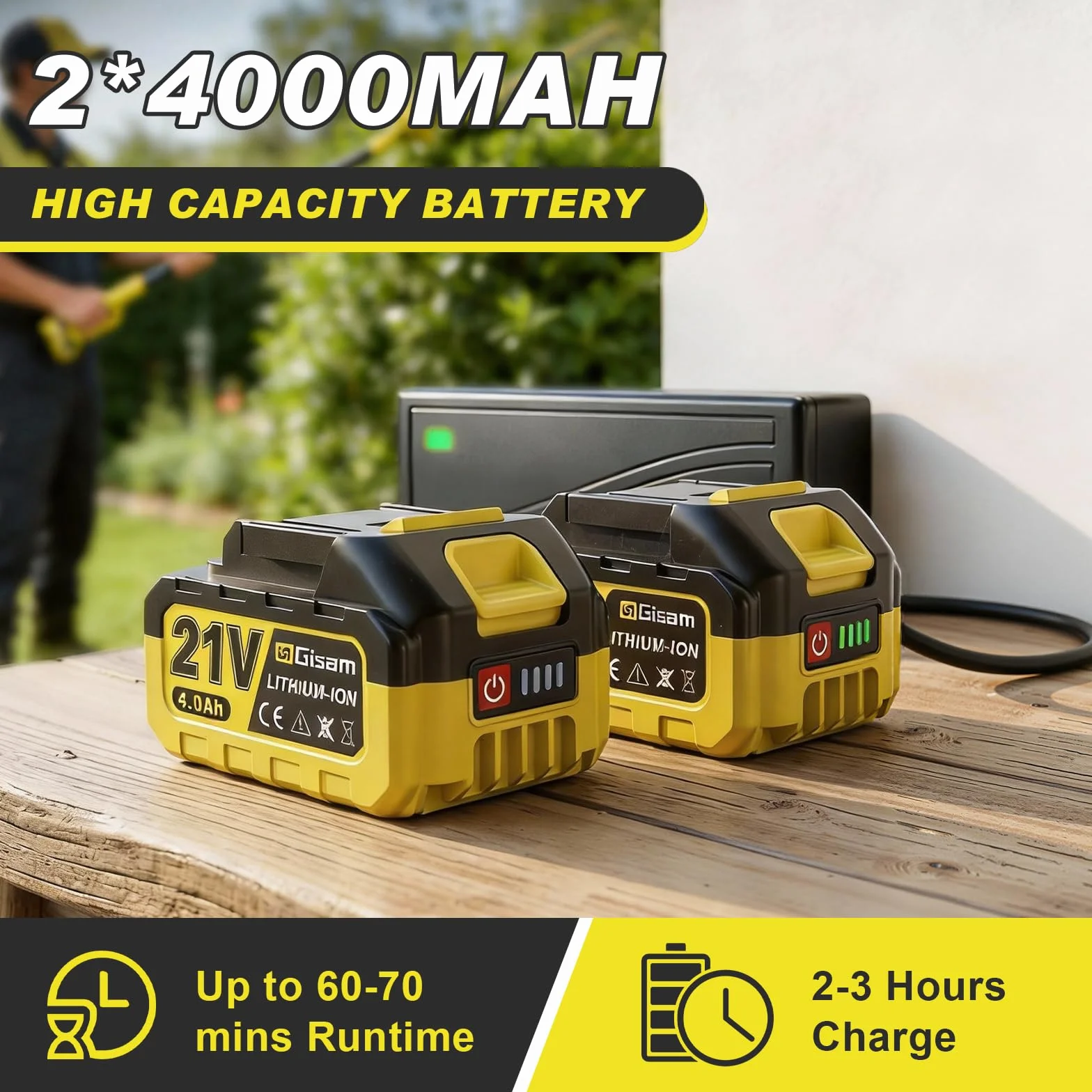 4 en 1 Cortasetos a batería Podador Altura para Makita 18V, con 2×4.0Ah baterías, extensión 4,55 m, Cuchillas 406 mm & 152 mm, Cabeza Corte giratoria 180°, como cortaarbustos y cortacésped (Amarillo)