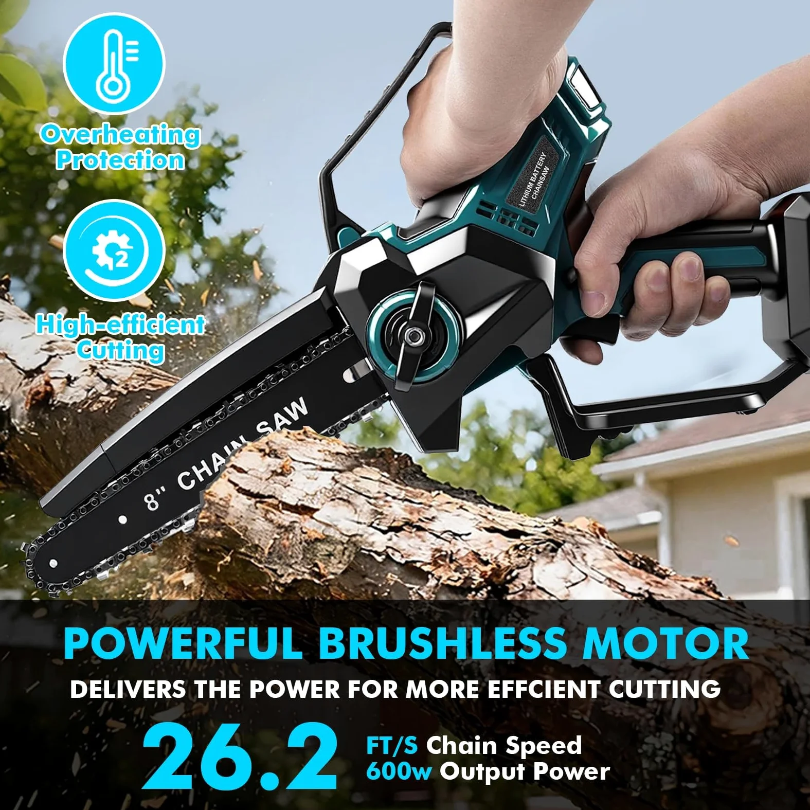 Motosierra Batería 8 Pulgadas, Mini Motosierra Inalámbrica 2x3000mAh, 18V | Motosierra Eléctrica, con 2 Cadenas, Tensión de Cadena y Lubricación sin Herramientas, Brushless, para Jardinería y Árboles