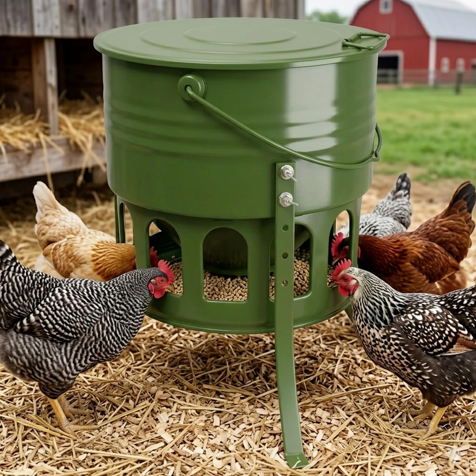 Comedero automático grande para pollos sin desperdicios, comederos colgantes de pollo de 20 libras con 12 puertos y 3 alturas ajustables, soporte de trípode de metal, comedero impermeable para aves de