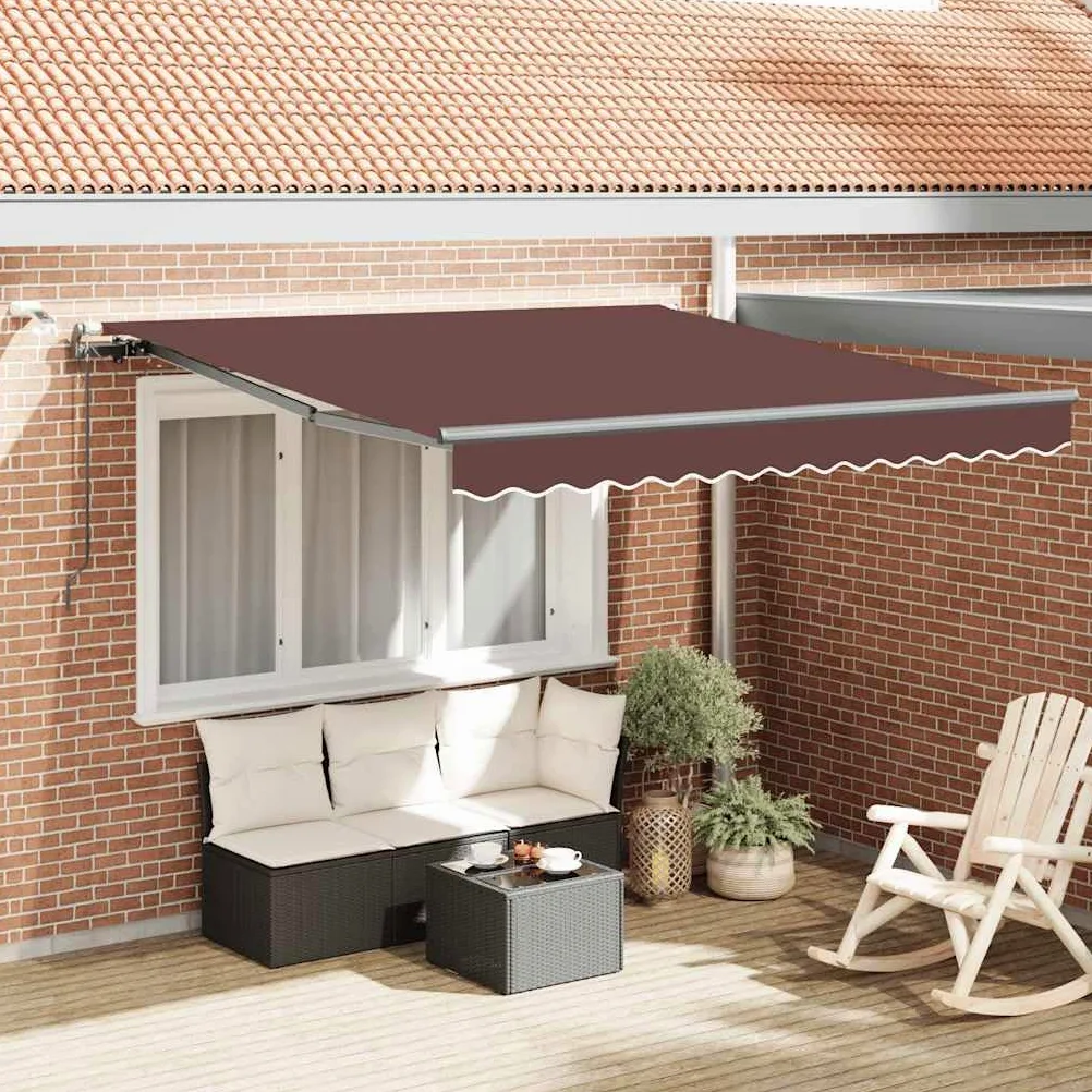 Toldo automático con LED marrón, 300 x 250 cm, brazo articulado, protección solar con sensor de viento, resistente a los rayos UV, impermeable, extensible, manivela y control eléctrico para