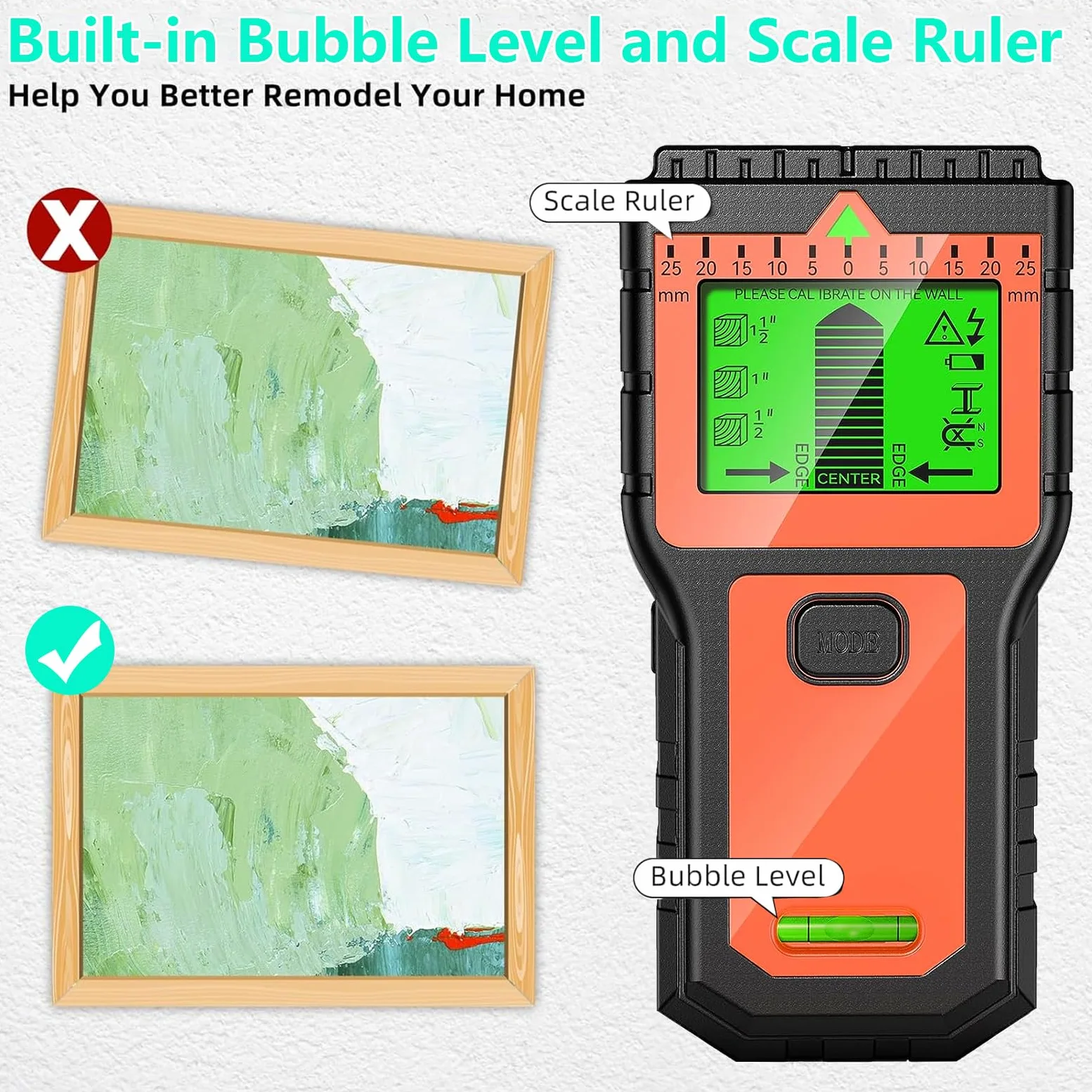Escáner de pared 8 en 1, detector de pernos con pantalla LCD y alarma de audio, detector de cables para pared, madera, alambre de CA, metal, vigas de cable, detección de tuberías (naranja)