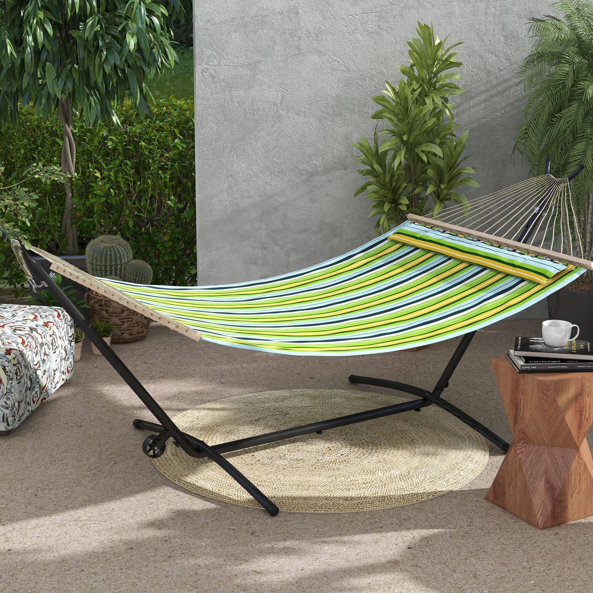 Outsunny Soporte para Hamacas de Acero Estructura para Hamaca Carga 220 kg con Rueda 2 Ganchos Ajustables en 6 Niveles y Bolsa de Transporte 290x120x115 cm Negro