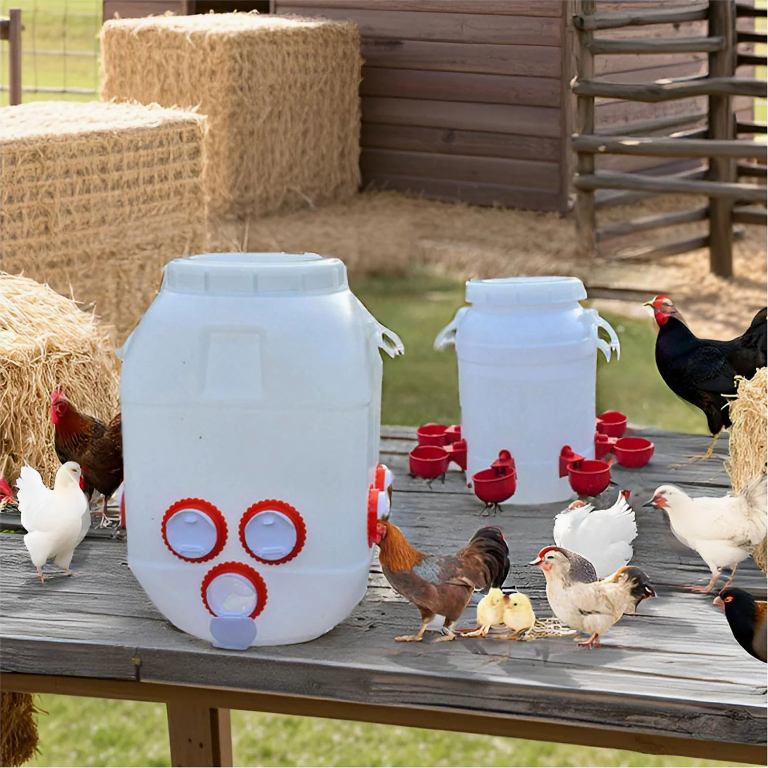 Comedero para Gallinas de 40-50kg y Bebedero de 10 Litro Automático para Gallinas Polluelos Aves de Corral Pato Pollos Sistema Antifugas, 10 Ports / 8 Tazas(Color:Blanco)