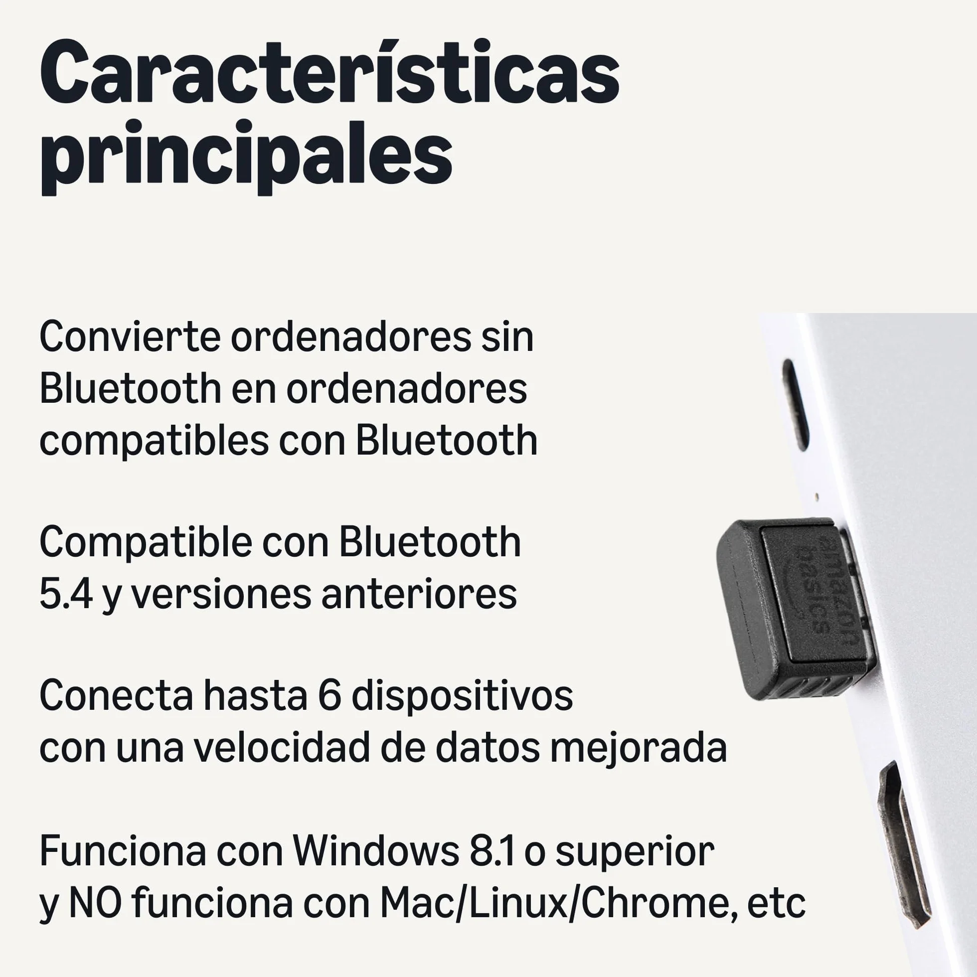 Amazon Basics Adaptador USB Bluetooth 5.4 para PC, Receptor para Ratón y Teclado, Compatible con Windows 11/10/8.1
