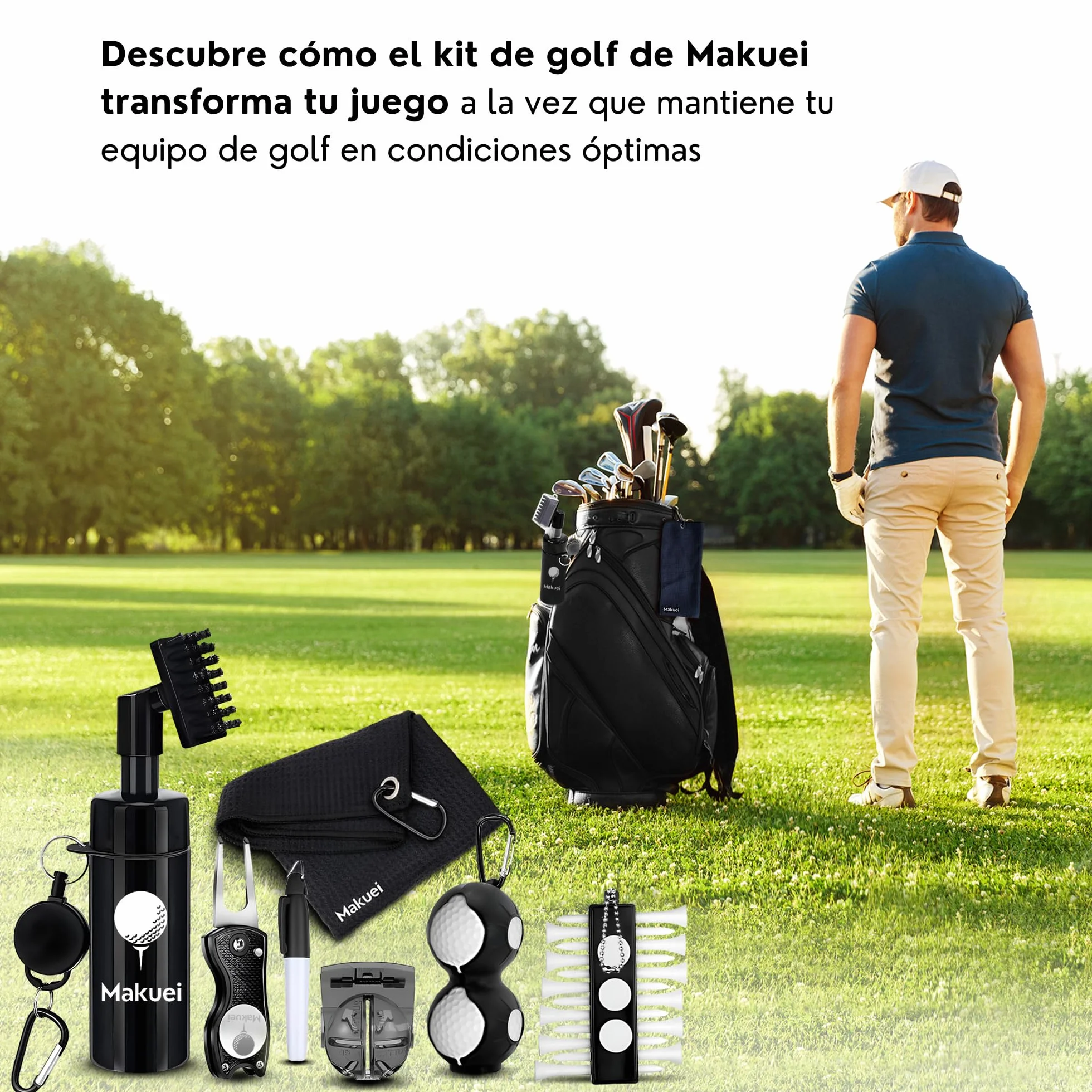 Accesorios de golf 6 en 1: Cepillo limpiador, arreglapiques, tees, toalla y otros accesorios para golfistas