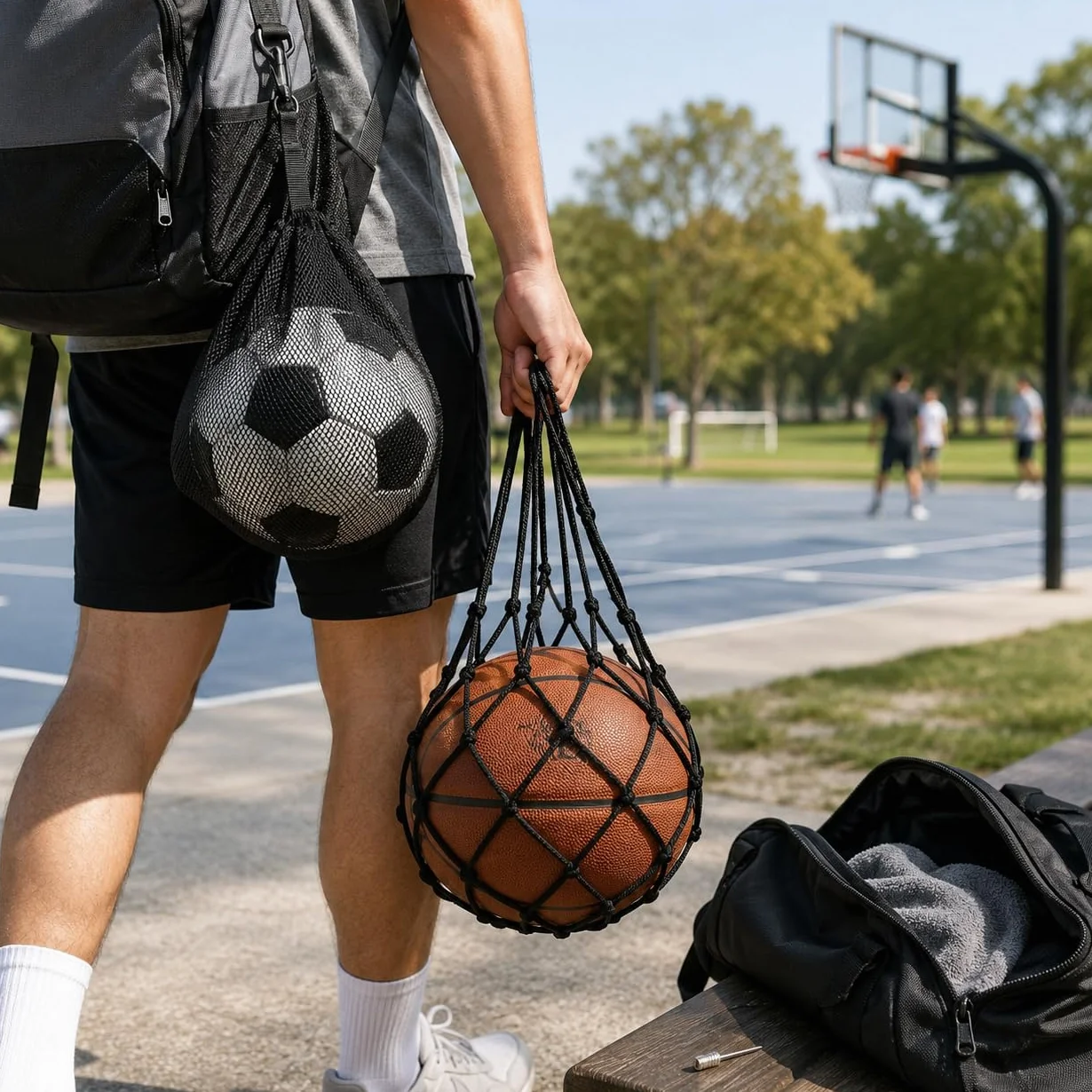 Bolsas de Red para Balones con Cordón y Gancho, Mochilas Portátiles para Baloncesto, Fútbol, Voleibol y Rugby, con Aguja de Inflado