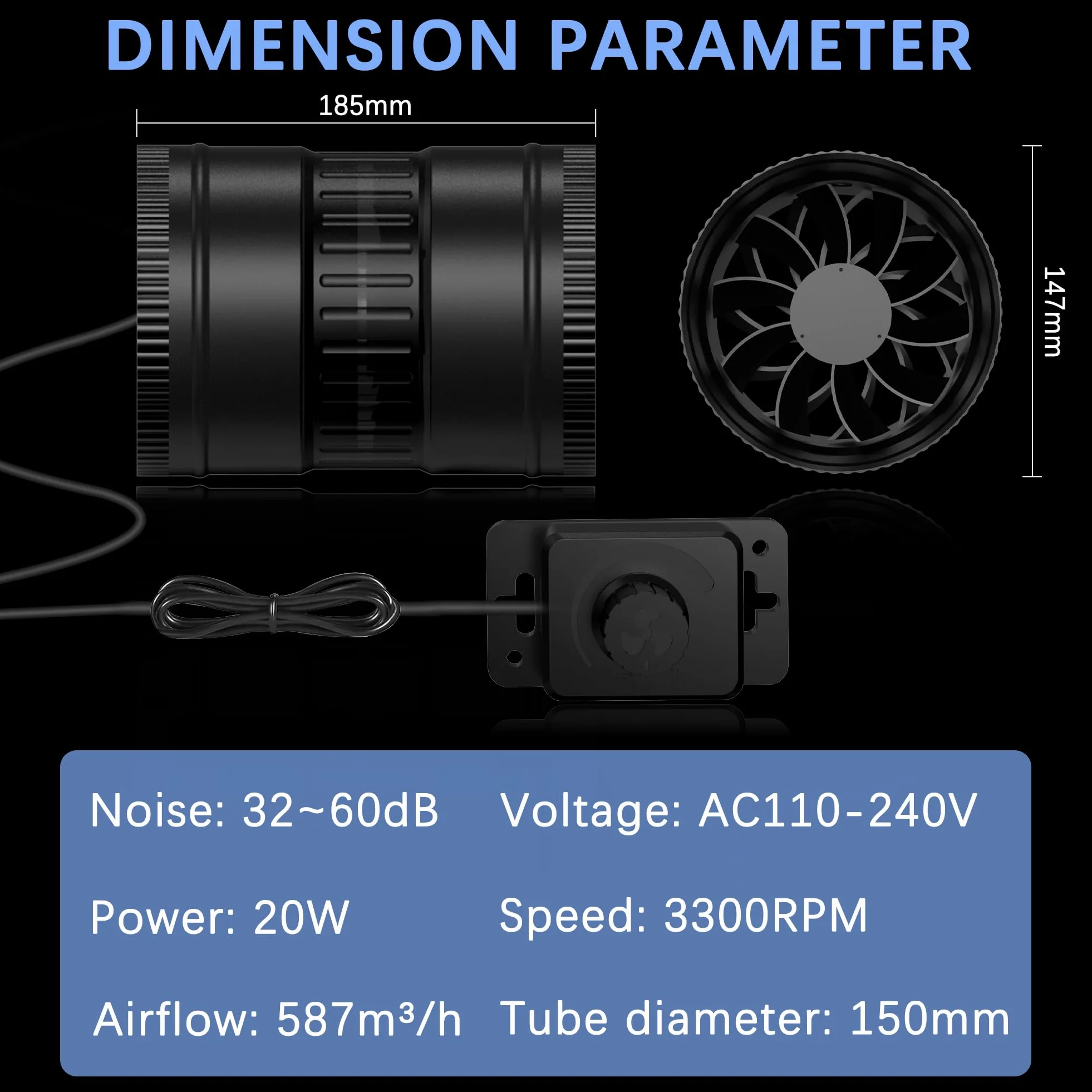 Ajustable Extractor de aire 150 mm,Ventilador de extracción 587 m³/h,con Toma de corriente con temporizador,retardo y sensor de temperatura y humedad, para tiendas de crecimiento,ventilación