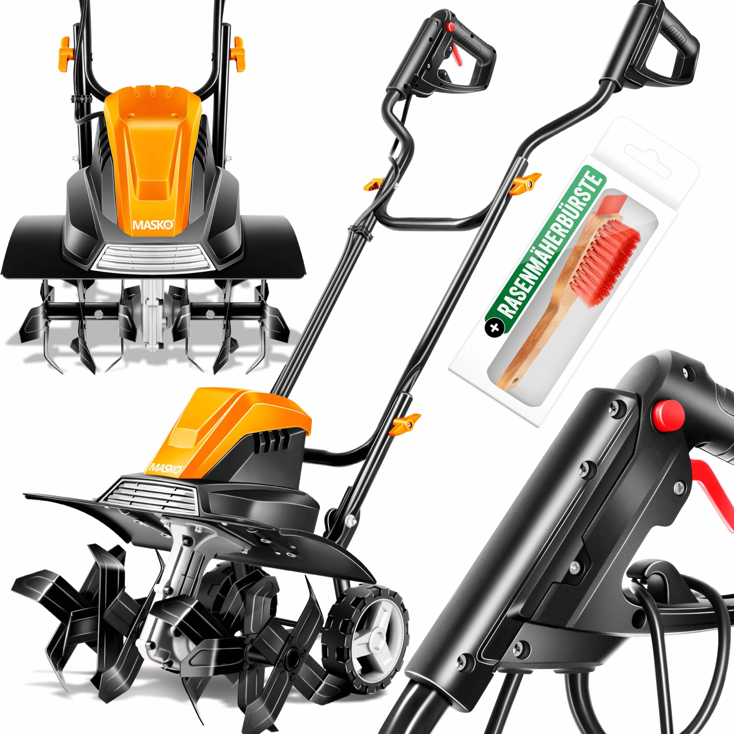 MASKO® Azada con Motor eléctrico 1500W | 40 cm de Ancho de Trabajo 20 cm de Profundidad de Trabajo | Azada del Suelo | Cultivador de jardín | Azada eléctrica | Carcasa metálica, Naranja