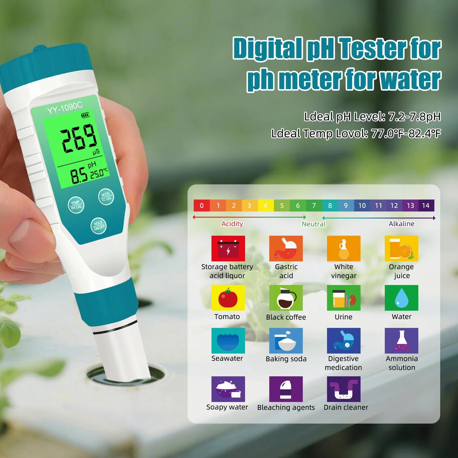 Medidor de pH para hidroponía y medidor de sal de spa - Medidor de pH, salinidad, TDS, EC y temperatura 5 en 1 con calibración de 12,88 mS/cm - Monitor de calidad del agua de piscina de agua salada