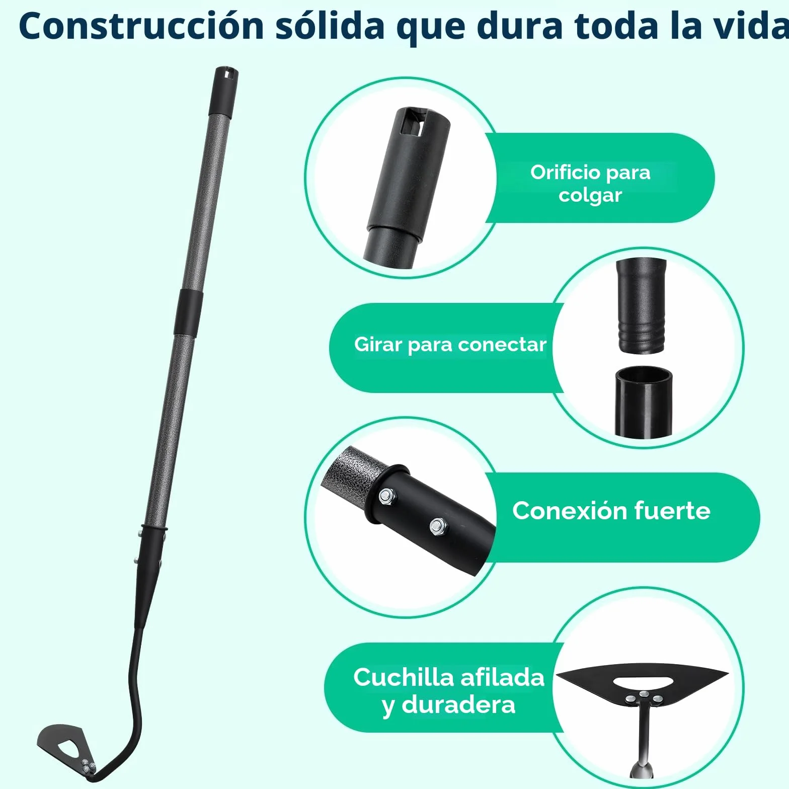 Azada de jardín, azada de jardín con mango de 140 cm, azada hueca endurecida para eliminar malezas, aflojar el suelo, cavar, plantar, hacer surcos, práctico dispositivo para eliminar malezas