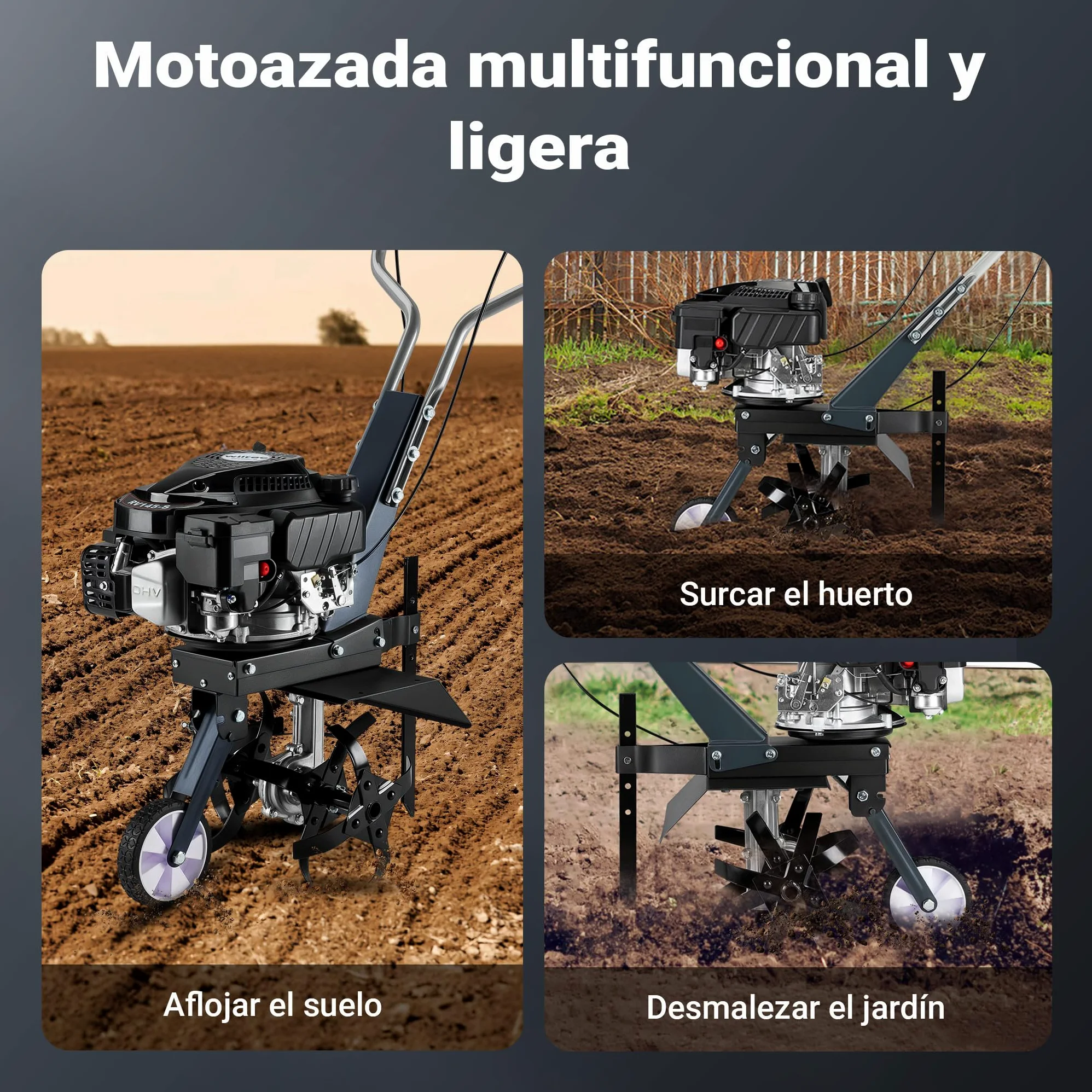 Wiltec Motocultor a Gasolina 36 cm de Ancho de Trabajo Motor 144 CC motoazada 4 Cuchillas cultivador con transmisión Euro 5 Robusto motocultivador cultivador