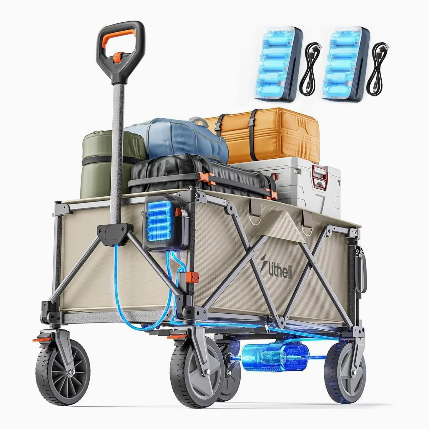 Litheli Carretilla eléctrica Plegable, con neumáticos de 20 cm, Capacidad de 200 l, Capacidad de Carga de 60 kg, 2 Frenos, Adecuado para Camping, jardín, Color Gris (2 Pilas)