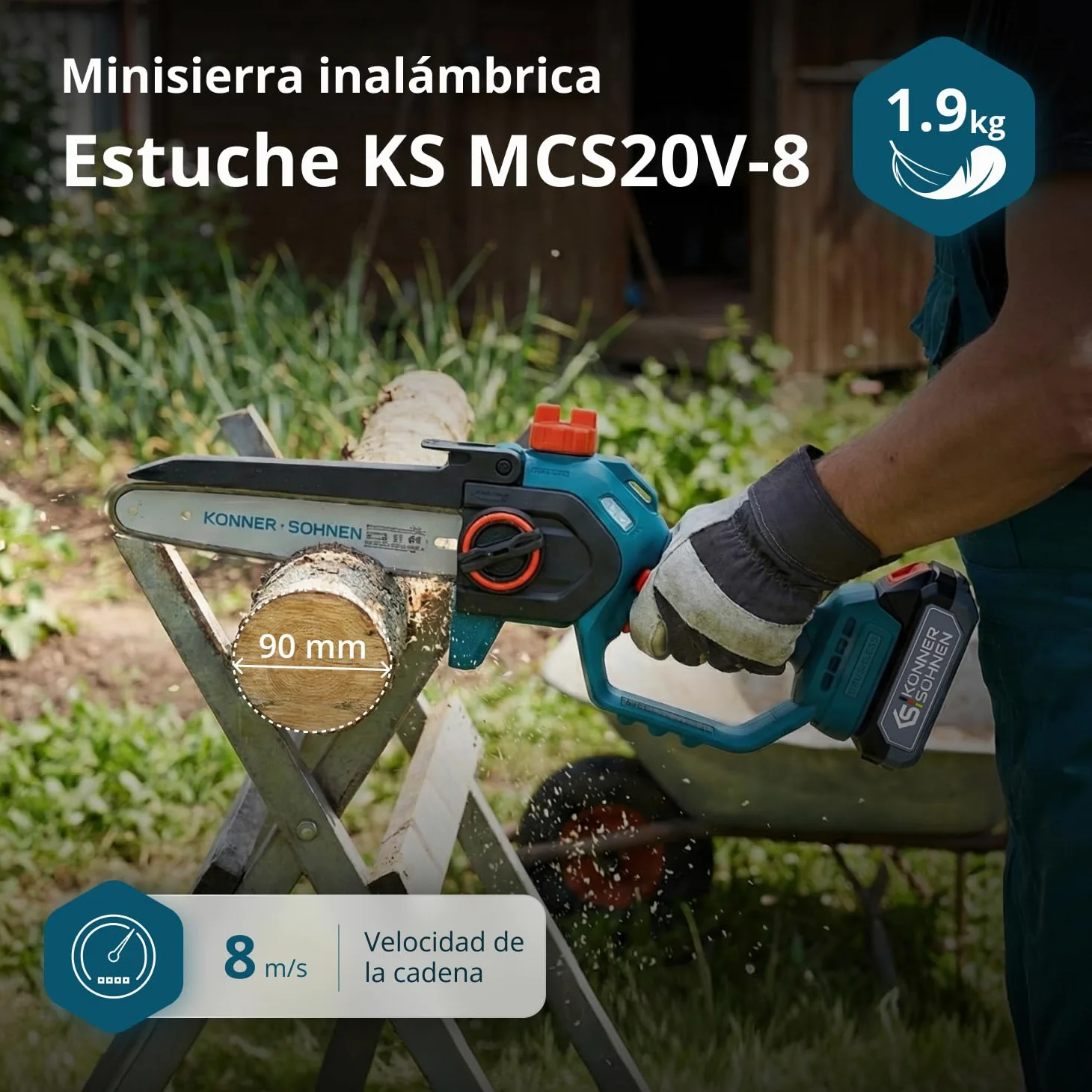 K&S Könner&Söhnen KS MCS20V-8 Case - Minimotosierra con batería de 8 pulgadas, motosierra eléctrica de mano con lubricación automática de cadena, sierra con batería de una sola mano con cargador de