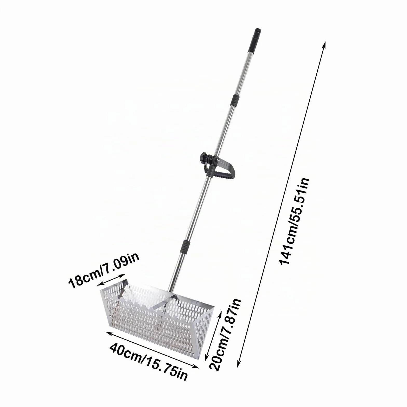 Rasca de arena, pala de arena de playa de acero al carbono con cesta trapezoidal ancha, pala de arena para detector de metales, con mango largo desmontable plegable de 40 cm, dientes afilados, tamiz