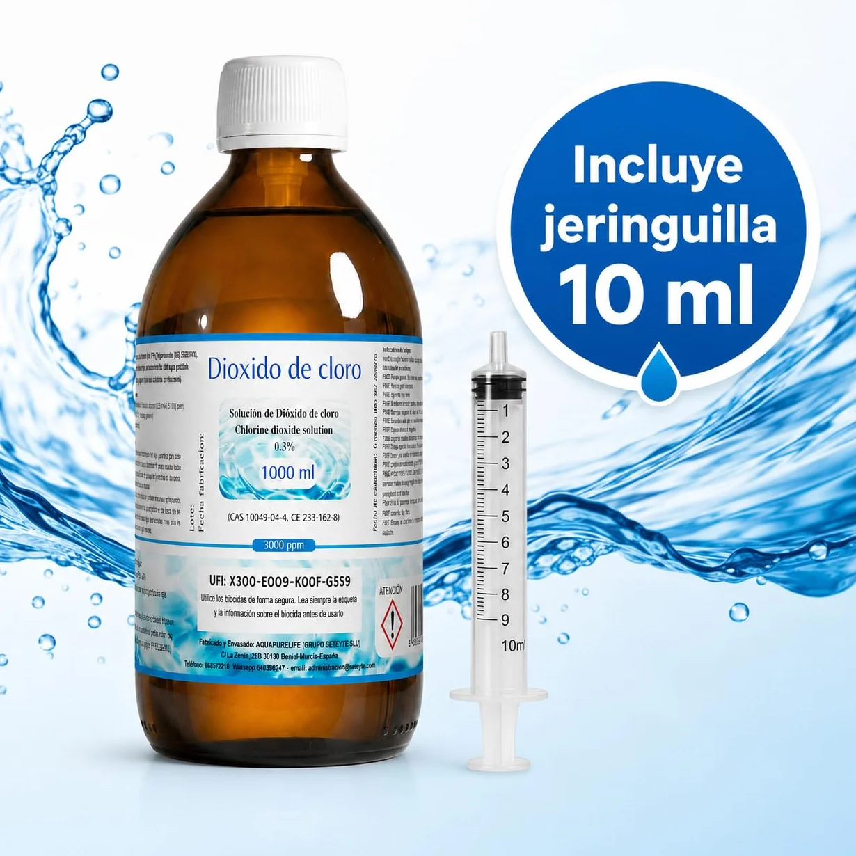 Dioxido de Cloro 3000ppm - CDS 0,3% - Envasado en Botella Cristal Ambar - Fabricado en España (1000ml)