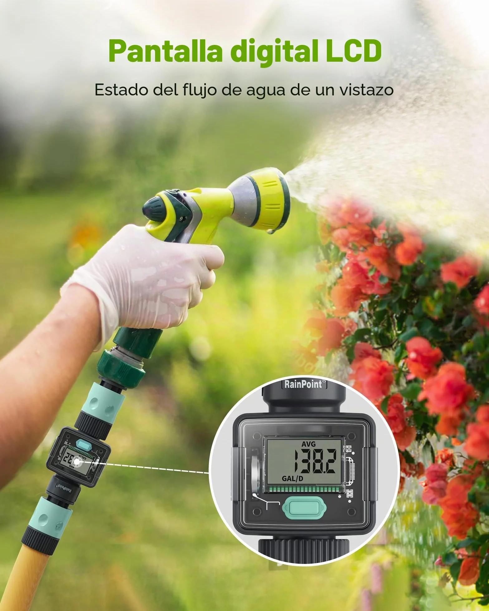 RAINPOINT Contador de Agua, Caudalimetro Agua Digital para Manguera de Jardín de 3/4 Pulgadas, 4 Modos para Controlar el Consumo de Agua, Impermeable IPX6