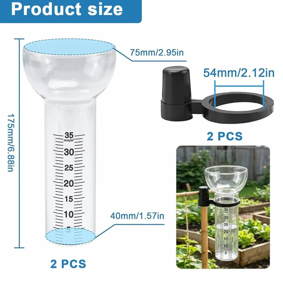 2 Piezas Pluviómetro De Cristal, Pluviómetro A Prueba De Helada de 35 mm, Vidrio de Repuesto para Pluviómetros con Soporte, Pluviómetros en Forma de Embudo para Medición De Agua De Lluvia