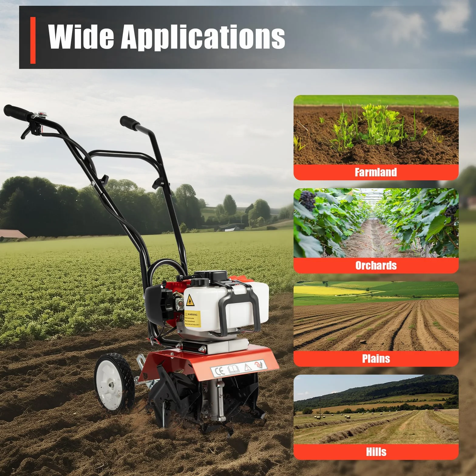 Motocultor Gasolina, 52 cc Cultivador térmico, 1,9 kW 6500 rpm Motoazada, 4 cuchillas de acero de Manganeso, aflojamiento del suelo jardín huerto invernadero huerto, ligero, 15 kg, ancho 30 cm