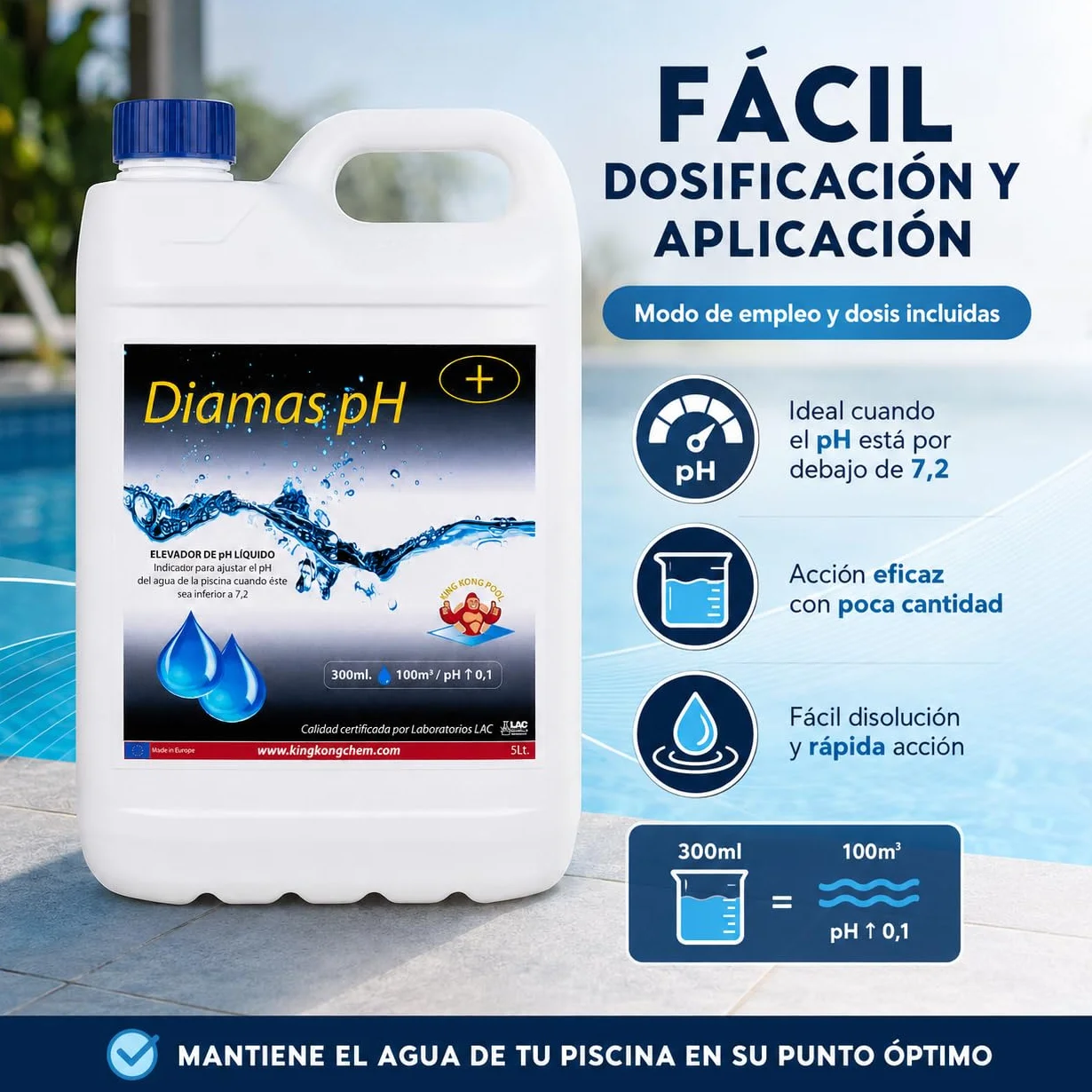 Incrementador de pH Concentrado para Piscinas DIAMAS PH 5 litros - Aumenta el pH del Agua – Formato Líquido