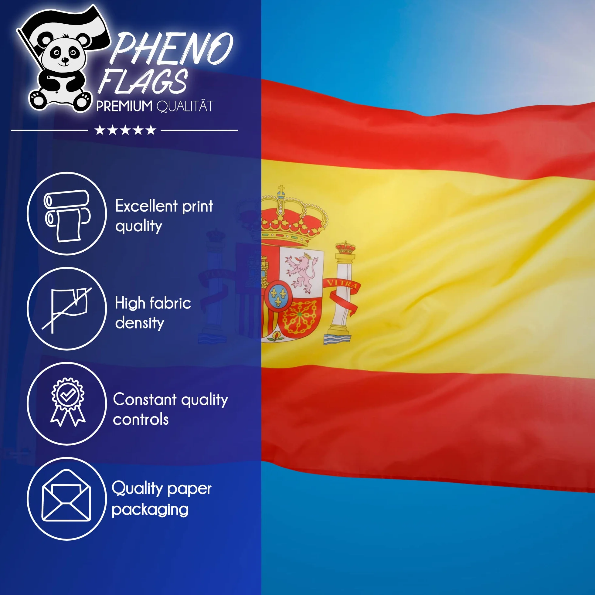 PHENO FLAGS Bandera Premium España 90x150 cm – extremadamente resistente a la intemperie con ojales metálicos y tecnología especial de sellado – doble dobladillo - colores brillantes y vivos