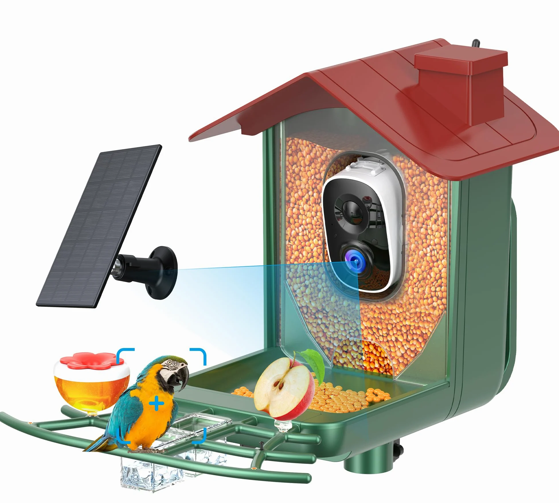 Comedero para pájaros con cámara solar al aire libre: cámara inteligente para jardín exterior, cámara de video en vivo HD 2K, reconocimiento de IA, ventana visible, captura automática, regalos para