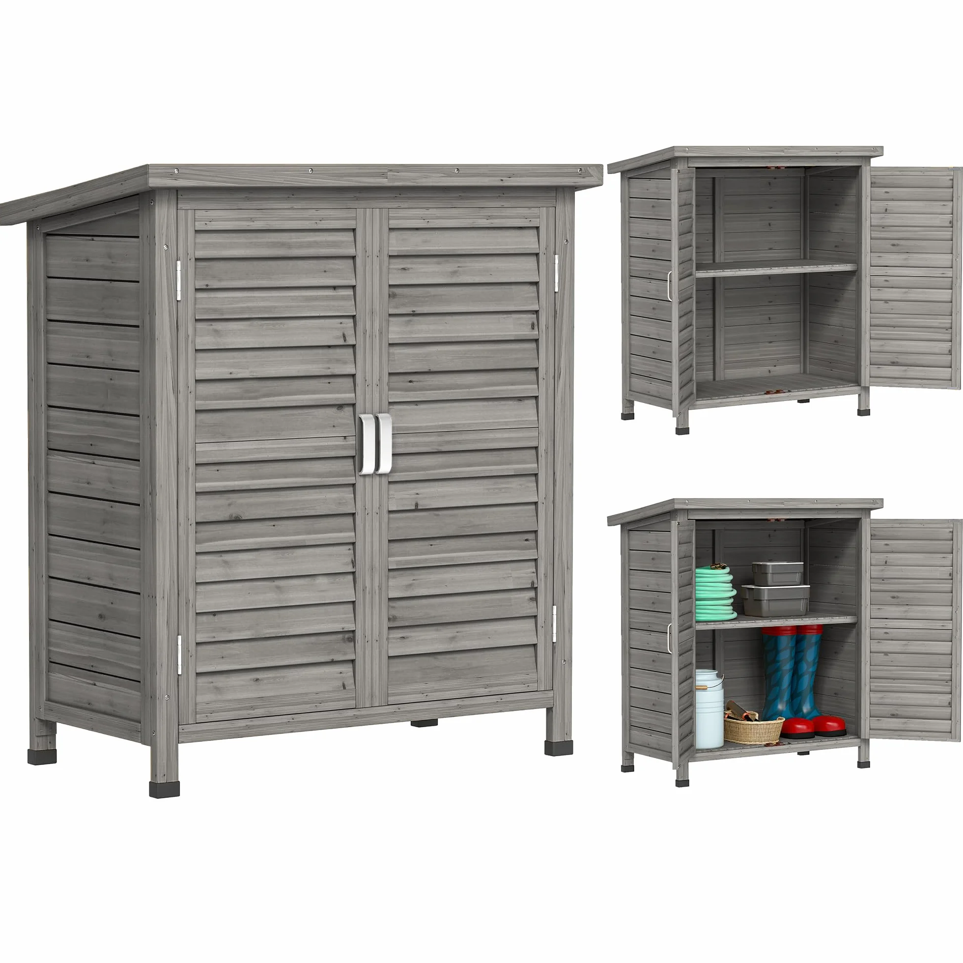 Outsunny Cobertizo de Almacenamiento de Madera para Jardín con 2 Estantes Interiores 2 Puertas y Techo Inclinado para Exterior Terreza 87x46,5x96,5 cm Gris