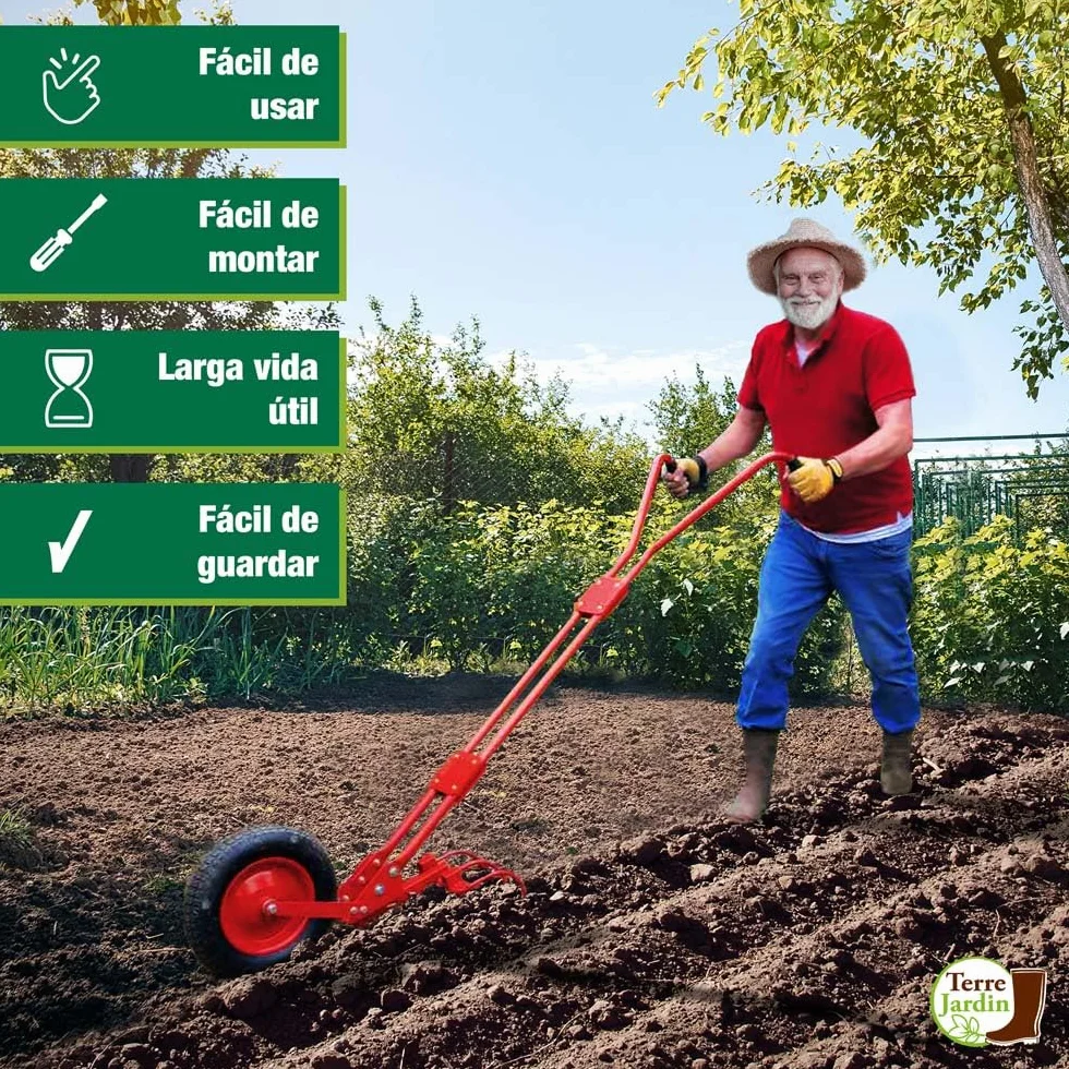 TERRE JARDIN - Cultivador de Rueda, 40 cm Diámetro - Cultivador de Jardín, 4 en 1 - Cultivador Manual, con Desherbador, Aporcador, Garra, Reja de Arado - Azada de Jardinero, Eficaz y Robusto