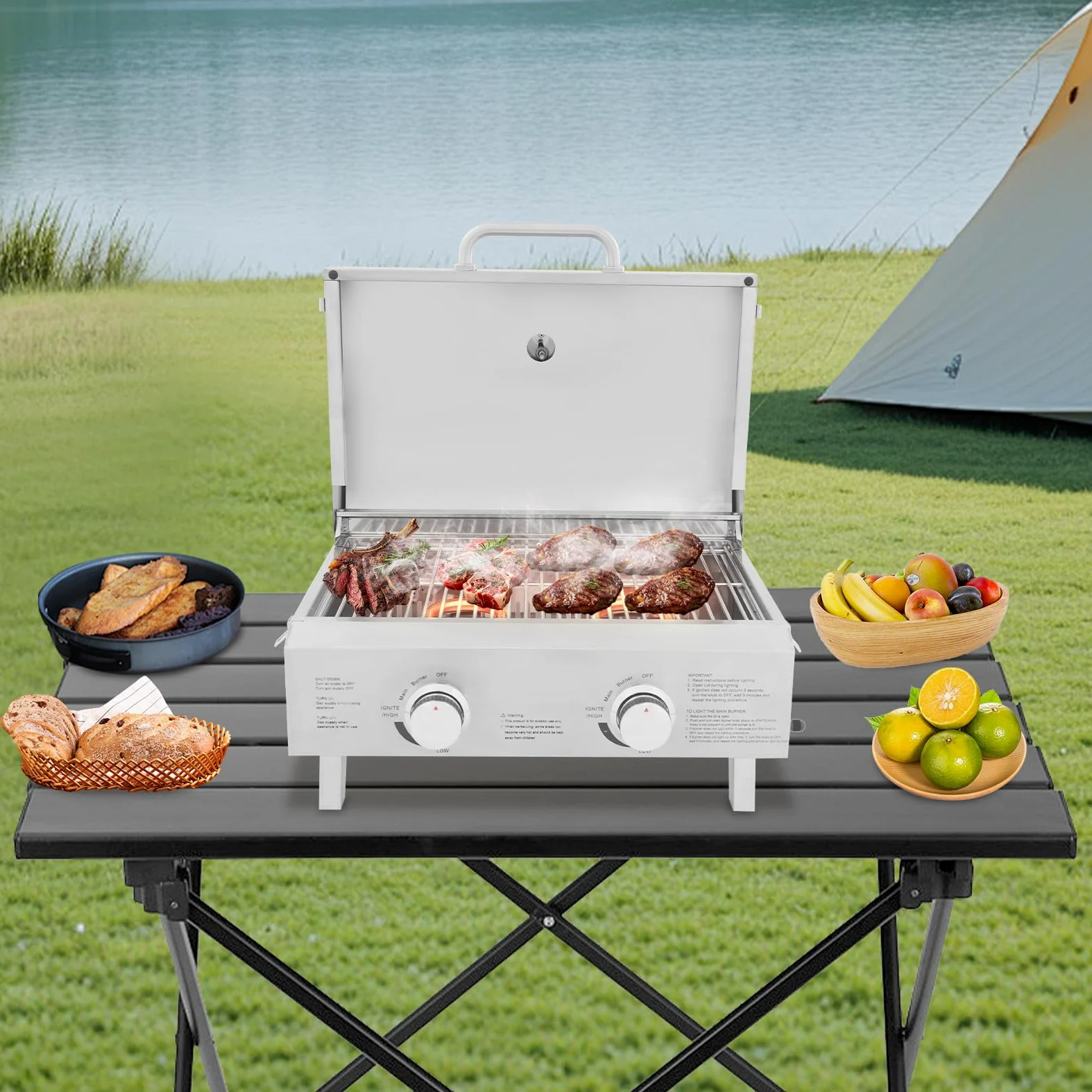 Barbacoa de gas portátil de 2 quemadores, parrilla de gas de mesa con parrilla, parrilla BBQ Barbacoa, parrilla de gas de acero inoxidable, parrilla de camping al aire libre, cocina de gas con