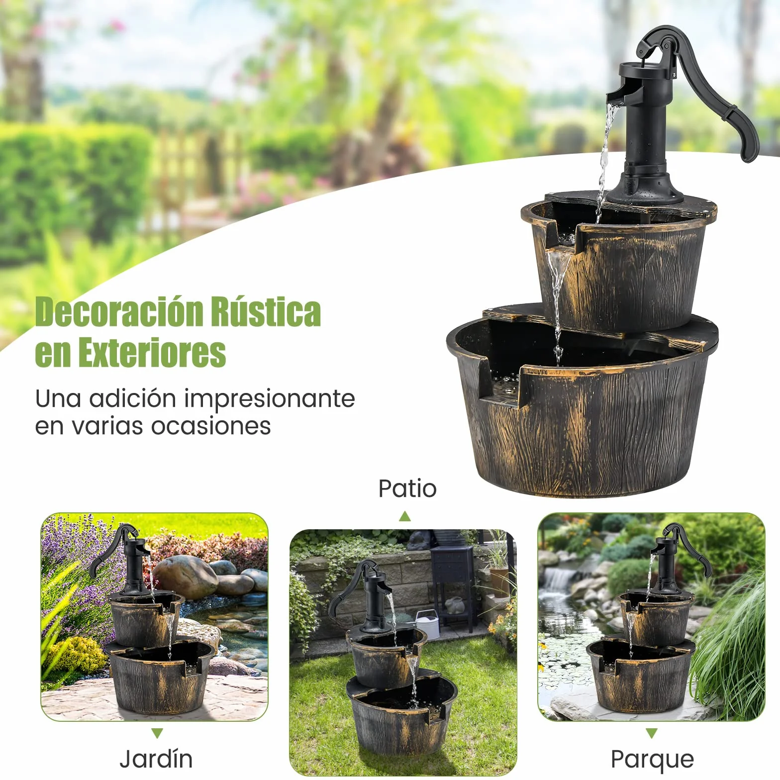 COSTWAY Fuente de Cascada de Barril al Aire Libre de 2 Niveles, Rústica con Bomba Ajustable, 68 cm para Jardín, Patio, Decoración