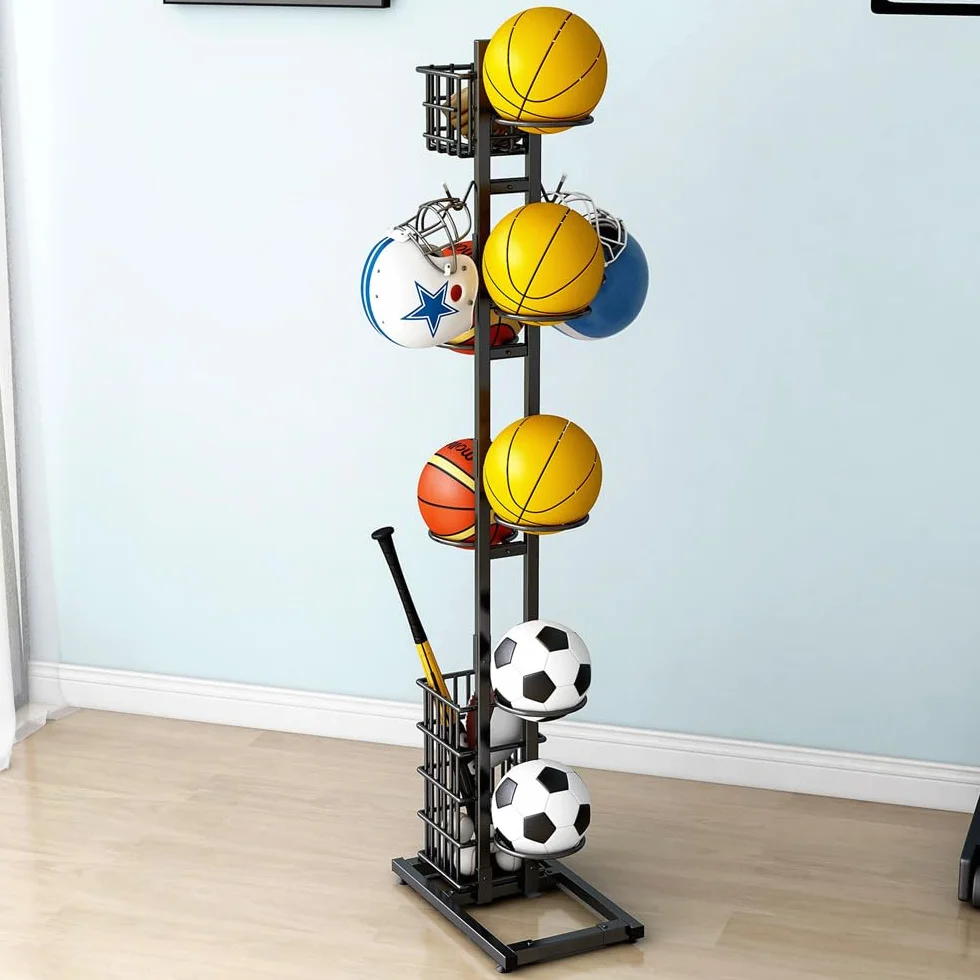 Soporte de Baloncesto y Fútbol, Organizador de Garaje para Equipos Deportivos, Estante de Almacenamiento Vertical con 7 Soportes y 2 Cestas