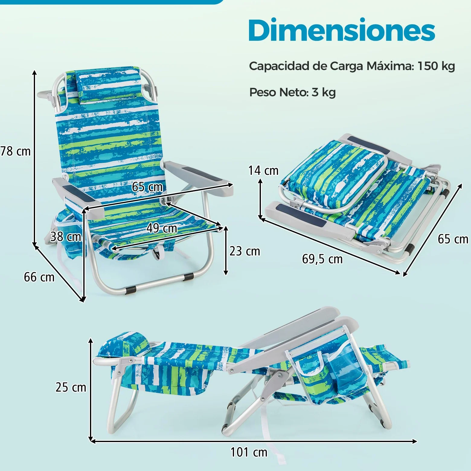 GOPLUS Silla Playa Plegable, Silla de Camping Ligera con Respaldo Ajustable en 5 Posiciones, Barra para Toallas, Portavasos, Almohada, Correas, Tumbona Exterior Reclinable, Carga 150 kg (Verde+Azul,2)