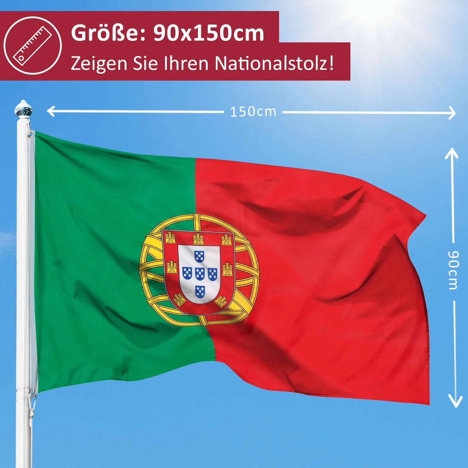 Banderas de aricona – bandera de Portugal resistente a la intemperie con 2 ojales de metal - bandera nacional portuguesa 90 x 150 cm