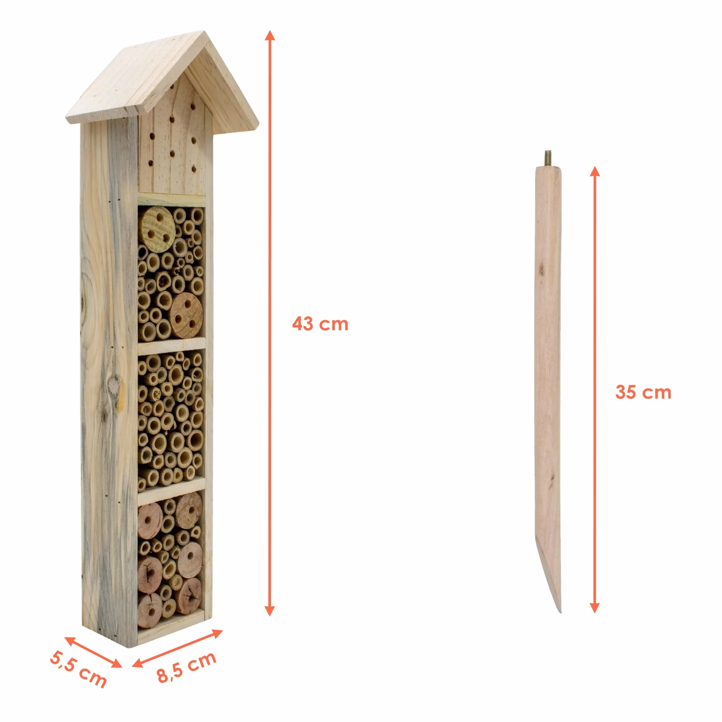 Hotel para insectos de madera con estaca – H 78 cm – Casa de insectos natural para colocar – Bienenhotel Hummelhaus Holzhaus Nisthilfe para abejas, abejas, crisopas, mariposa