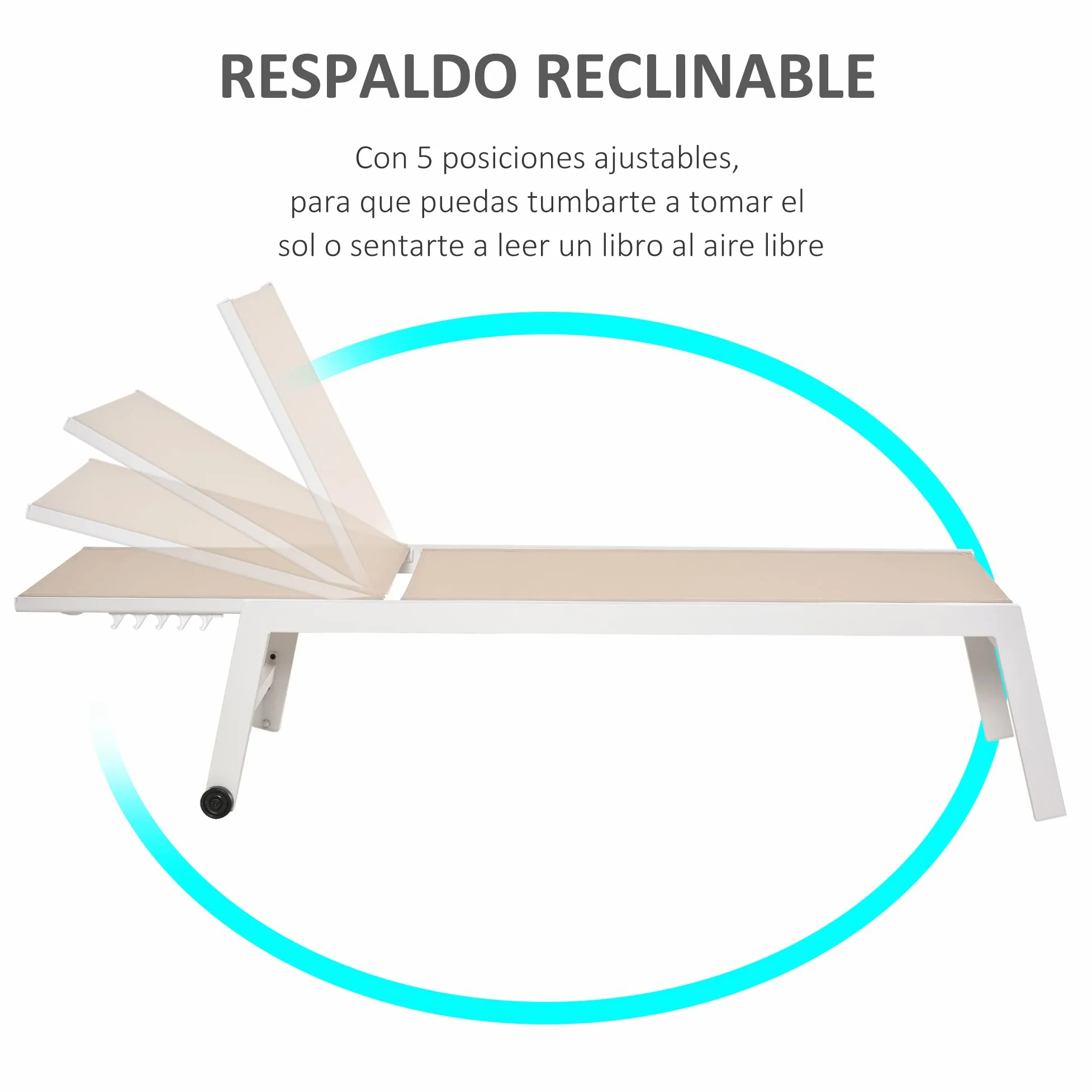 Outsunny Tumbona de Jardín de Aluminio Tumbona Exterior con Respaldo Reclinable en 5 Posiciones Ruedas Carga 120 kg para Patio Terraza 169x65x102 cm Caqui