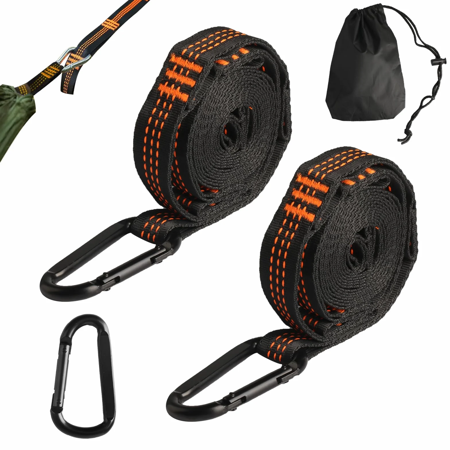 2 Piezas de árbol para Hamaca, Correas de suspensión para Columpio de 2,5 m, Kit de Correas de suspensión para Hamaca de Exterior para Silla Colgante de Camping + 3 mosquetones, máx. 200 kg