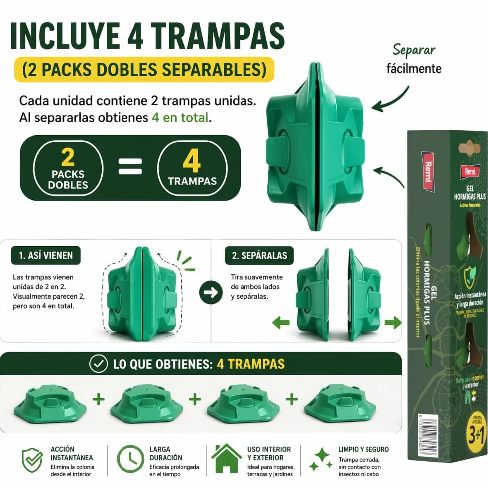 Remi Hogar Defens Gel Hormigas | Pack 4 Trampas Insecticida Hormigas | Cebo Insecticida Listo para Usar | Elimina Hormigas y el Hormiguero | Uso Interior y Exterior | Alta eficacia | Listo para Usar