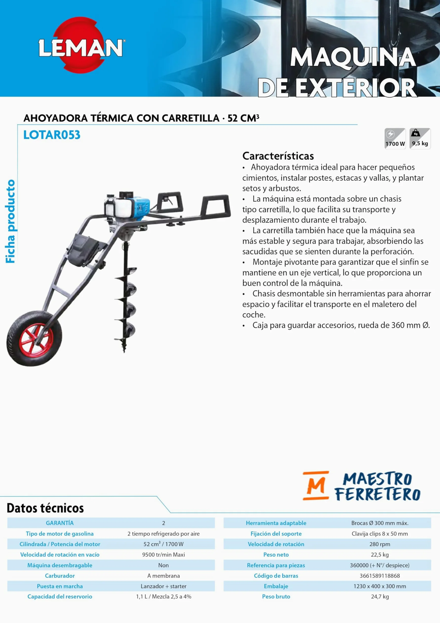 LEMAN - Ahoyadora Térmica LOTAR053, 52 cm³, 1700 W, Carretilla para Facil Transporte, Brocas Ø 300 mm Máx