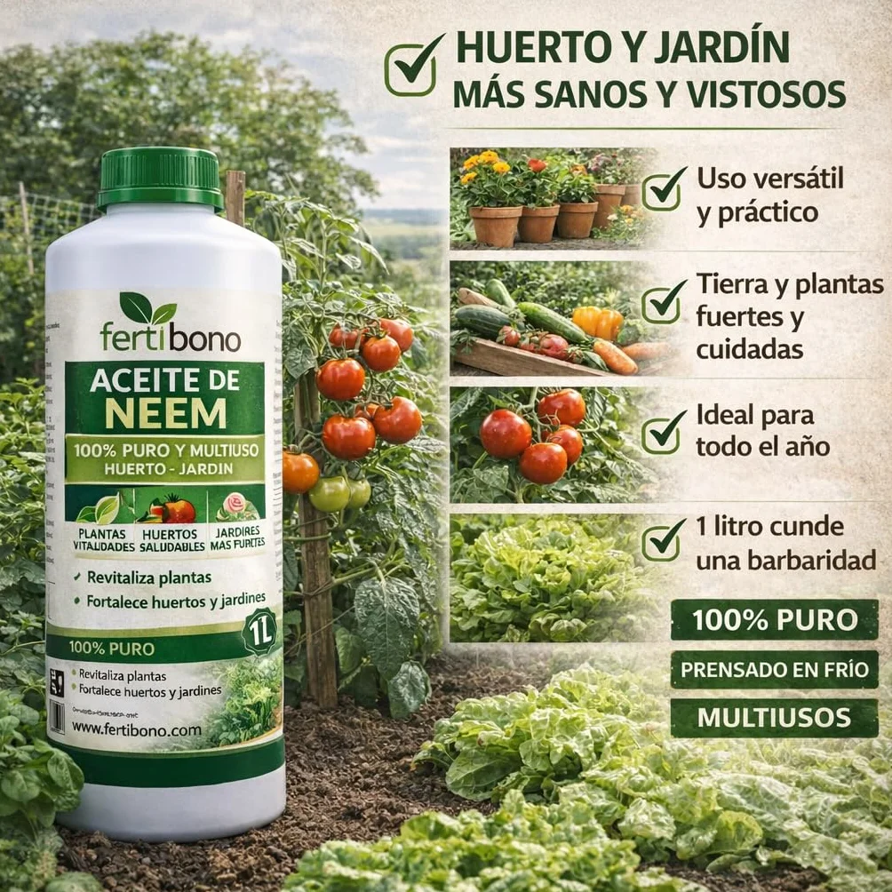FERTIBONO Aceite de Neem 100% Puro, 1 L, Prensado en Frío, Multiusos para Plantas, Huerto y Jardín