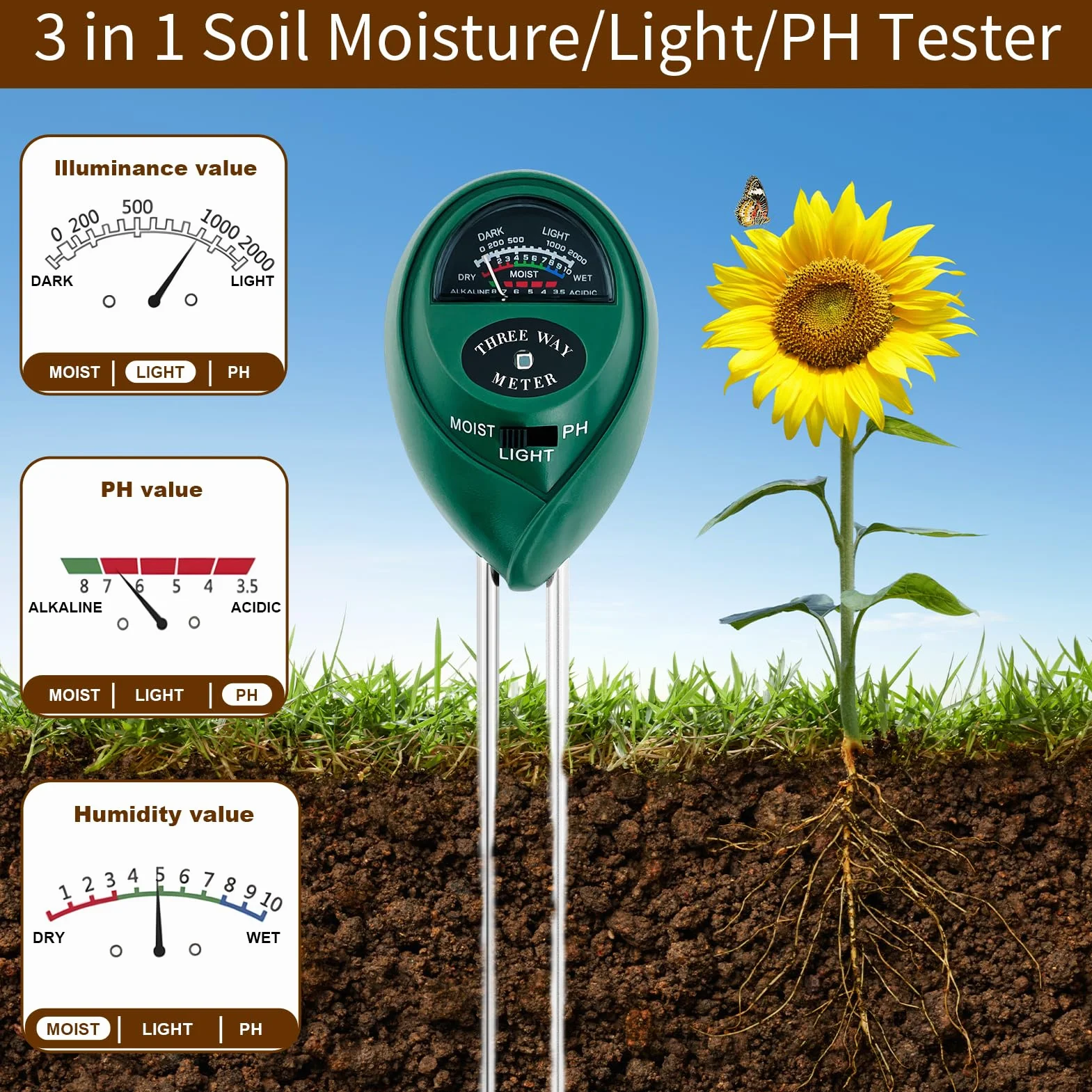 Medidor de pH 3 en 1 para medir la humedad del suelo, medidor de luz solar del suelo, indicador de riego de plantas, kit de prueba de suelo para jardín, granja, kit de prueba de suelo preciso