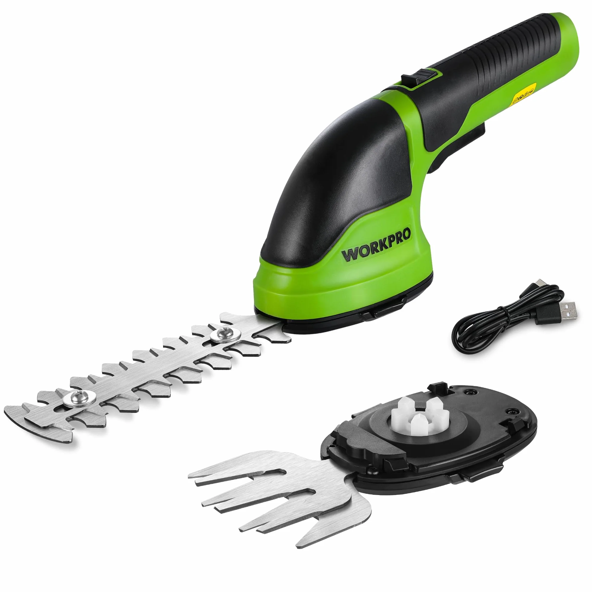 WORKPRO Tijeras Cortacésped y Arreglasetos 2 en 1, 3,6 V Cortasetos a Batería 2 Ah, Tijeras Arreglaseto con 2 Tipos de Cuchillas Ancho de Corte 75 mm, 118 mm, Herramienta para Jardín (Verde)