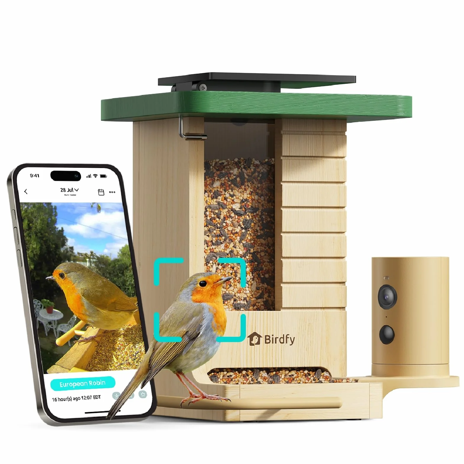 Smart Bird Feeder with Camera, Birdfy Bird Feeder Made of Wood, Solar Powered, AI Detection for 6000+ Bird Species, 1080P Portrait, Weatherproof, App Live View, Youtube & Facebook Streaming