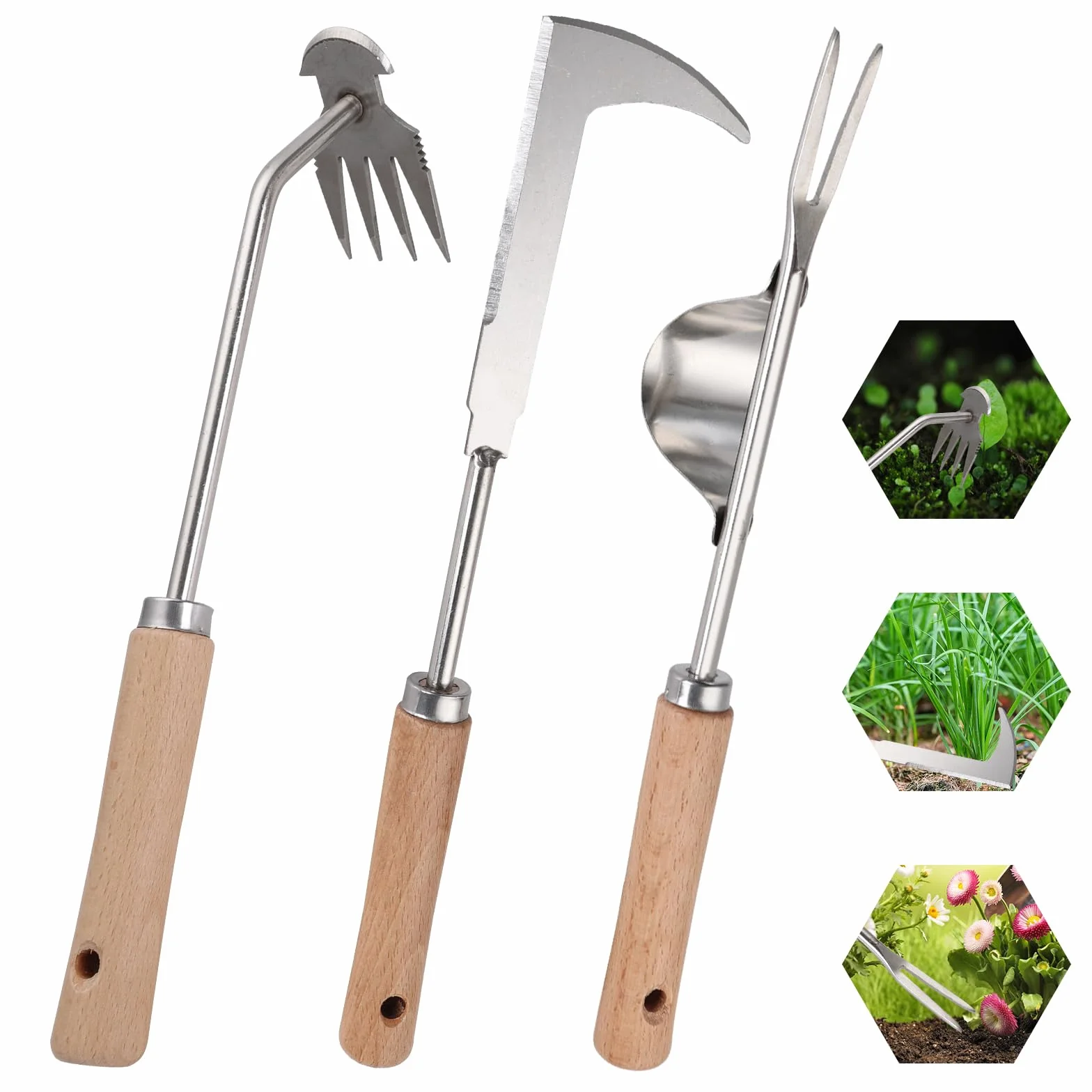 3 Piezas Extractor Malas Hierbas con Mango de Madera, Desherbador Manual de Acero Inoxidable, Weeder de Mano de Jardín Azadillas, Fácil Almacenamiento, Plantar y Desherbar