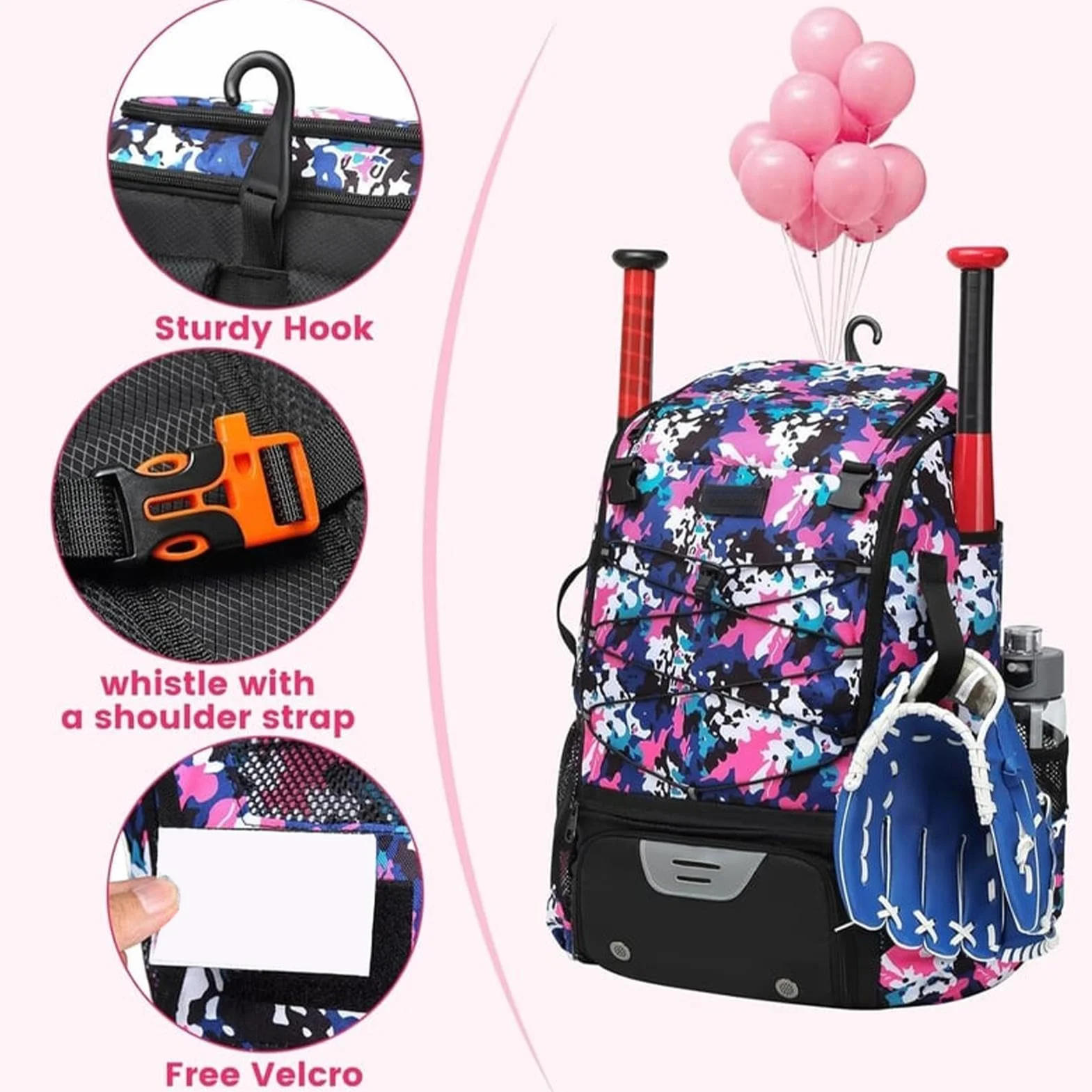 Mochila Bate Béisbol Equipamiento Softbol Deportiva Ligera Gancho Compartimento Zapatos Gran Espacio Casco Guantes