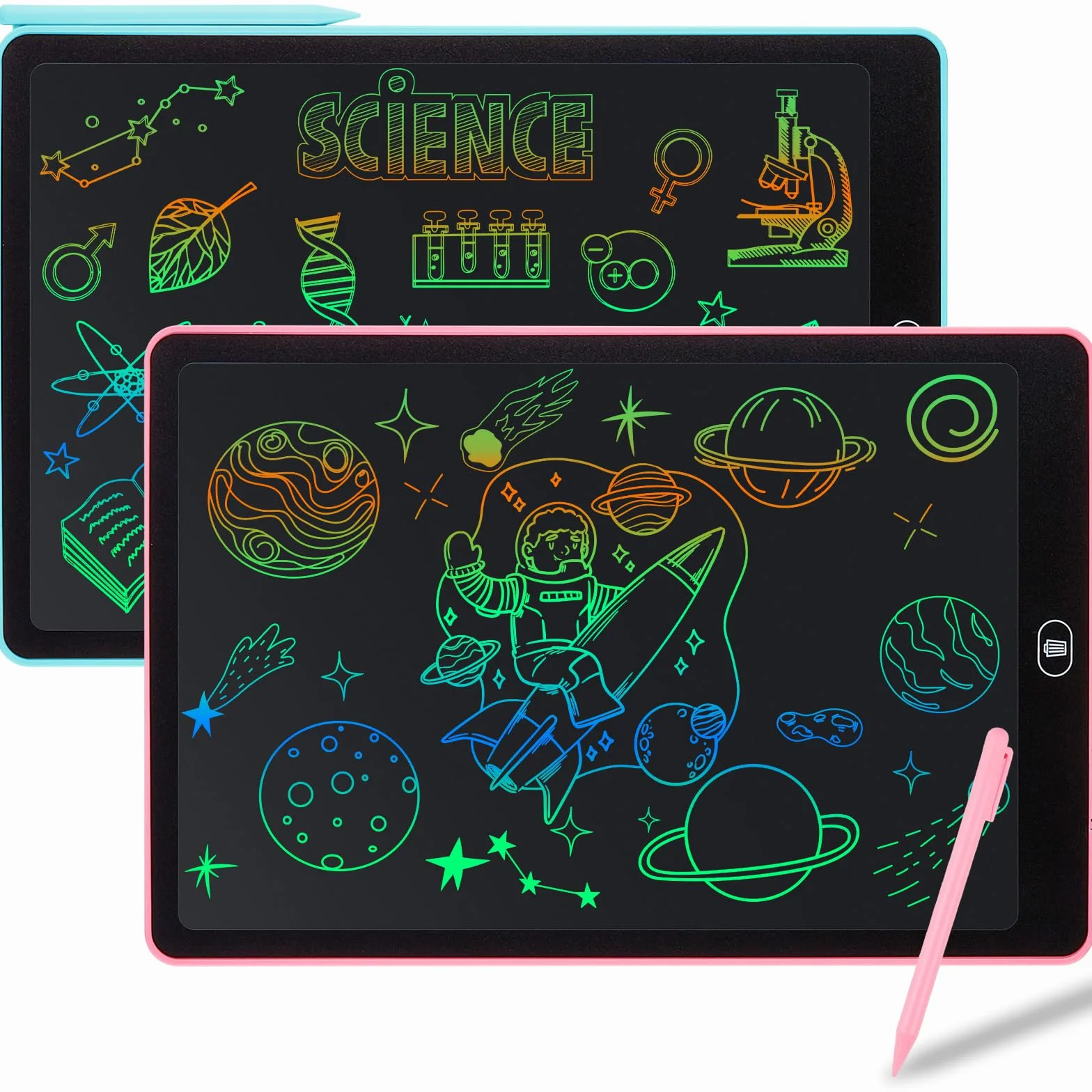 Tableta de Escritura LCD 15 Pulgadas, 2 PCS, Tablero de Dibujo Electrónico con Pantalla Colorida, Cuaderno Borrable, Pegatinas de Animales, para Niños 3-6 Años, Azul + Rosa