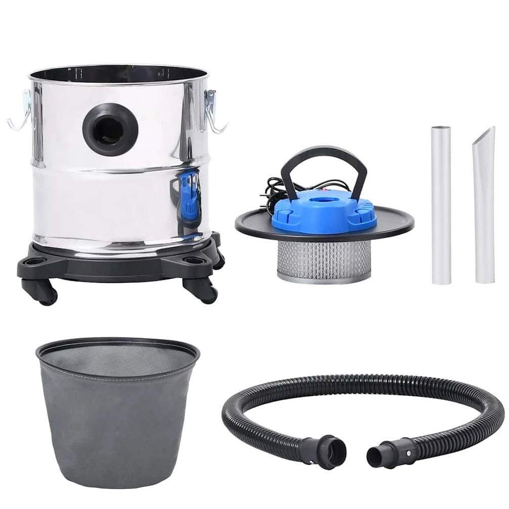 Aspirador de cenizas de acero inoxidable, 1200 W, 20 L, con filtro HEPA, manguera de metal flexible, función de soplado, móvil por ruedas, adecuado para la limpieza de la chimenea y el coche